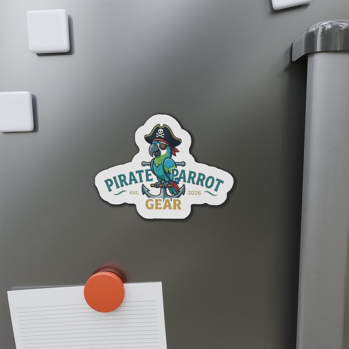 Pirate Parrot Gear Die-Cut Magnet — Cute Pirate Parrot Logo Refrigerator Magnet
