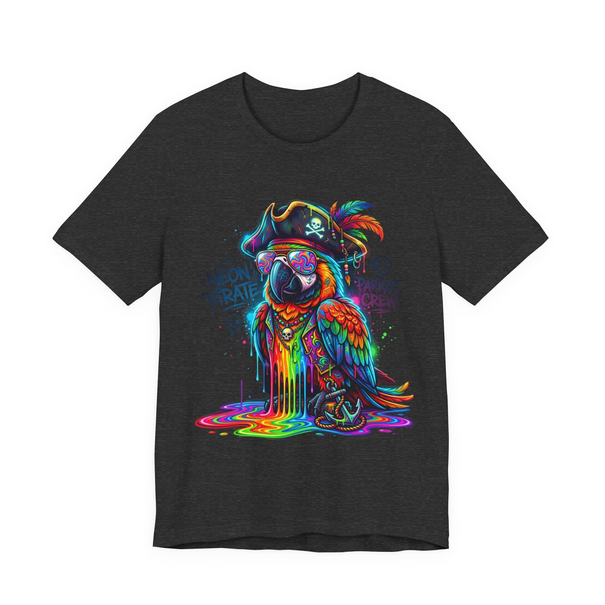 Neon Pirate Parrot Tee — Colorful Skull & 'Parrot Crew' Graphic T-Shirt