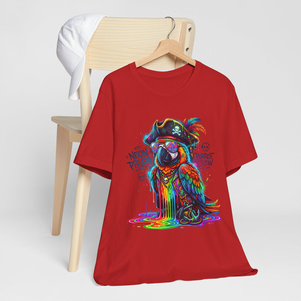 Neon Pirate Parrot Tee — Colorful Skull & 'Parrot Crew' Graphic T-Shirt