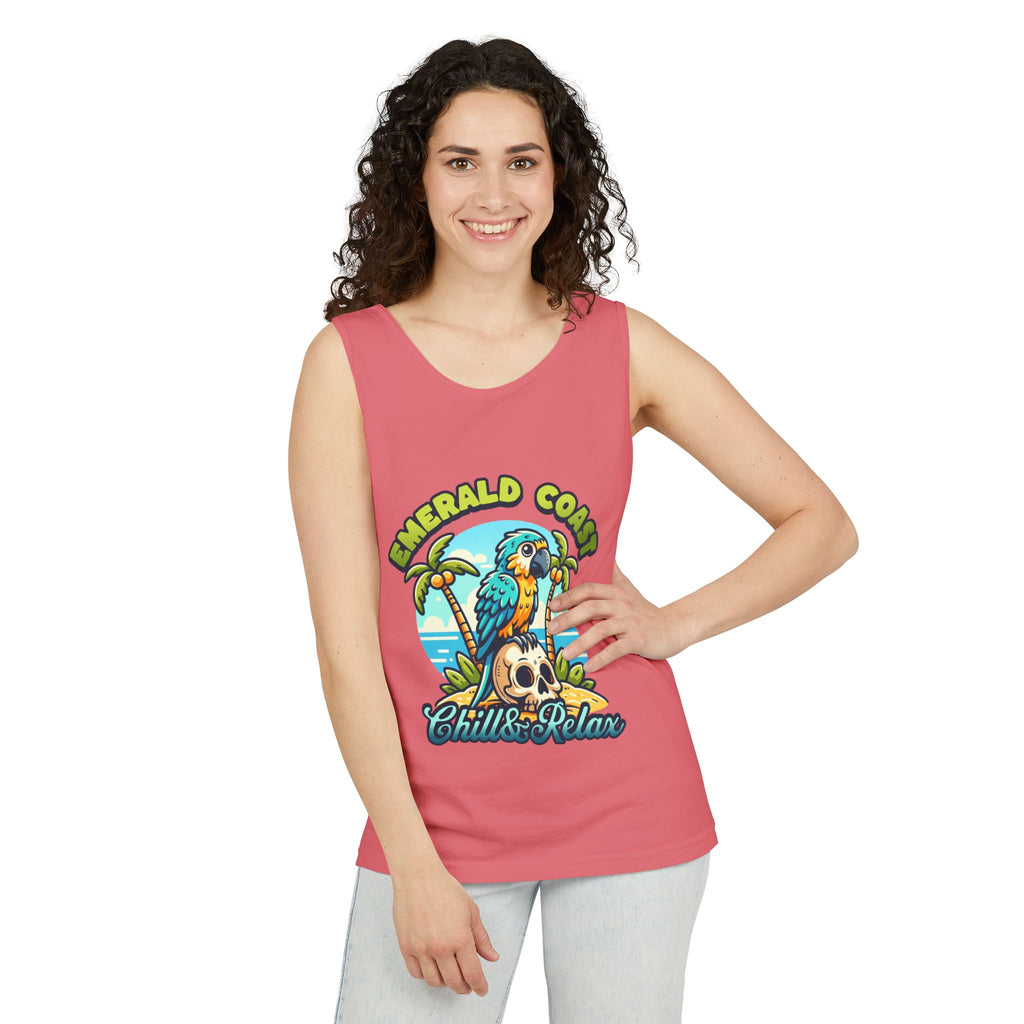 Emerald Coast Parrot Tank Top — "Chill & Relax" Beach Graphic