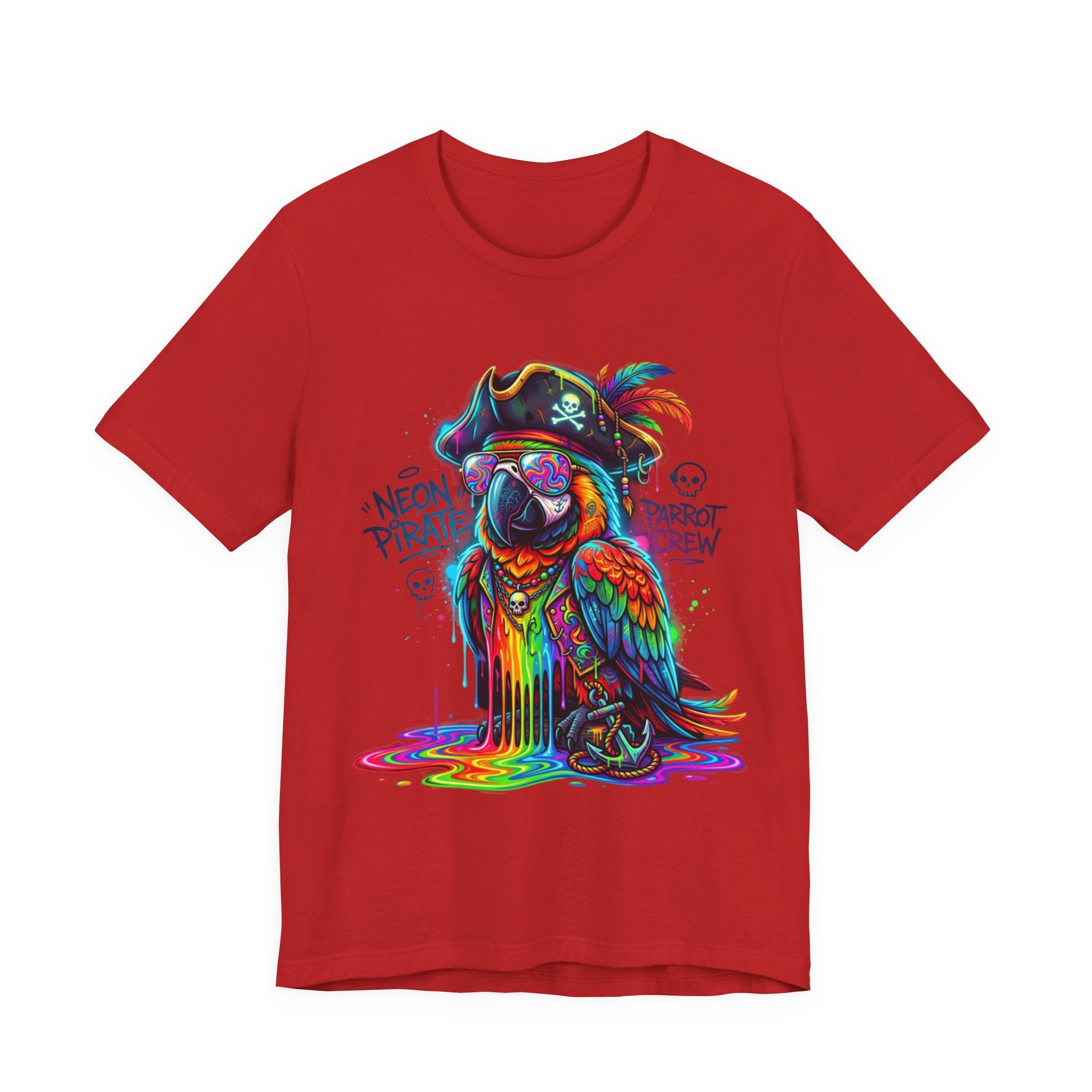Neon Pirate Parrot Tee — Colorful Skull & 'Parrot Crew' Graphic T-Shirt