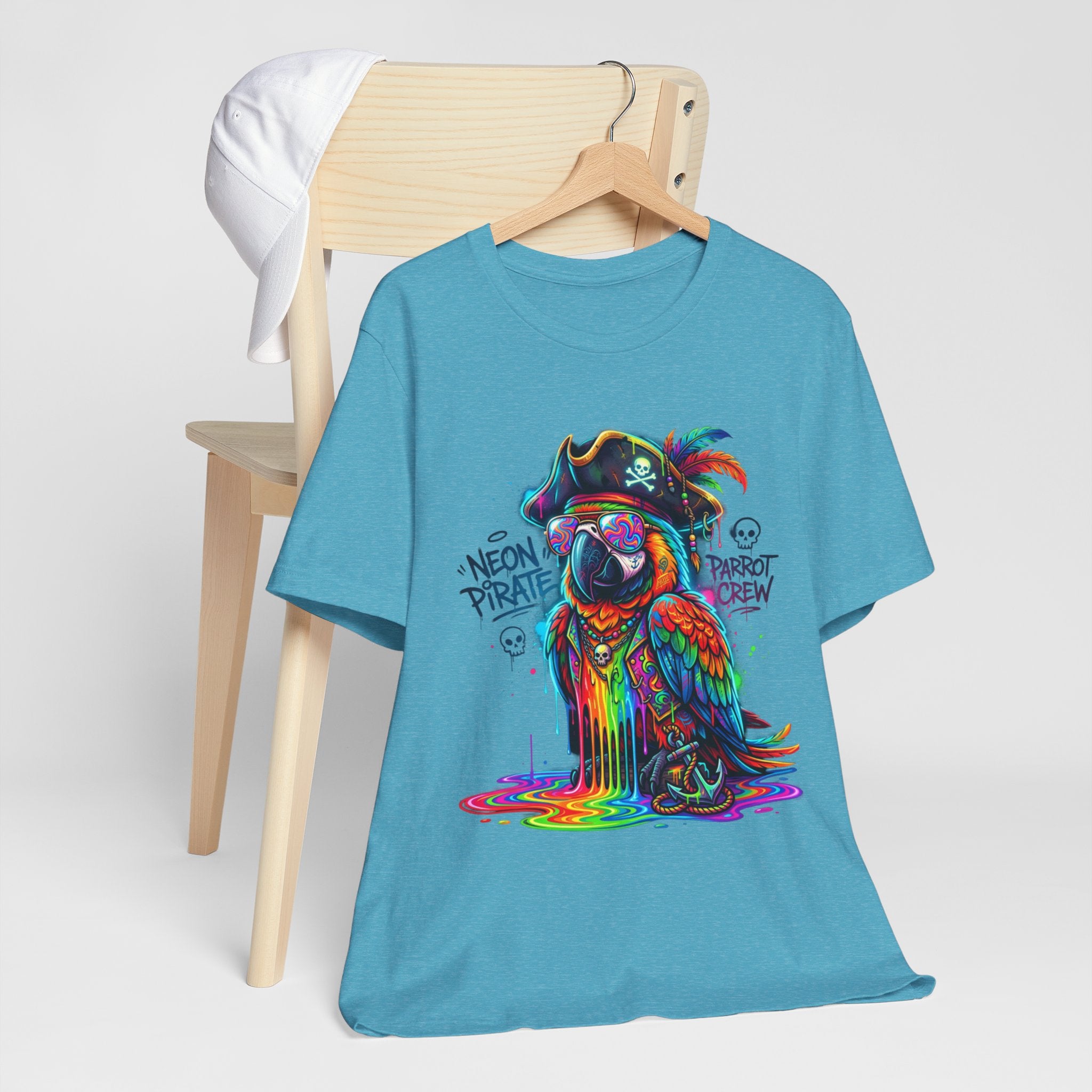 Neon Pirate Parrot Tee — Colorful Skull & 'Parrot Crew' Graphic T-Shirt