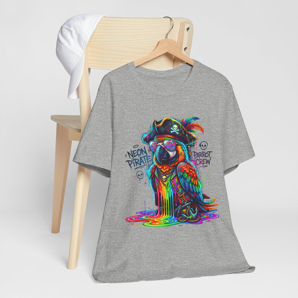 Neon Pirate Parrot Tee — Colorful Skull & 'Parrot Crew' Graphic T-Shirt