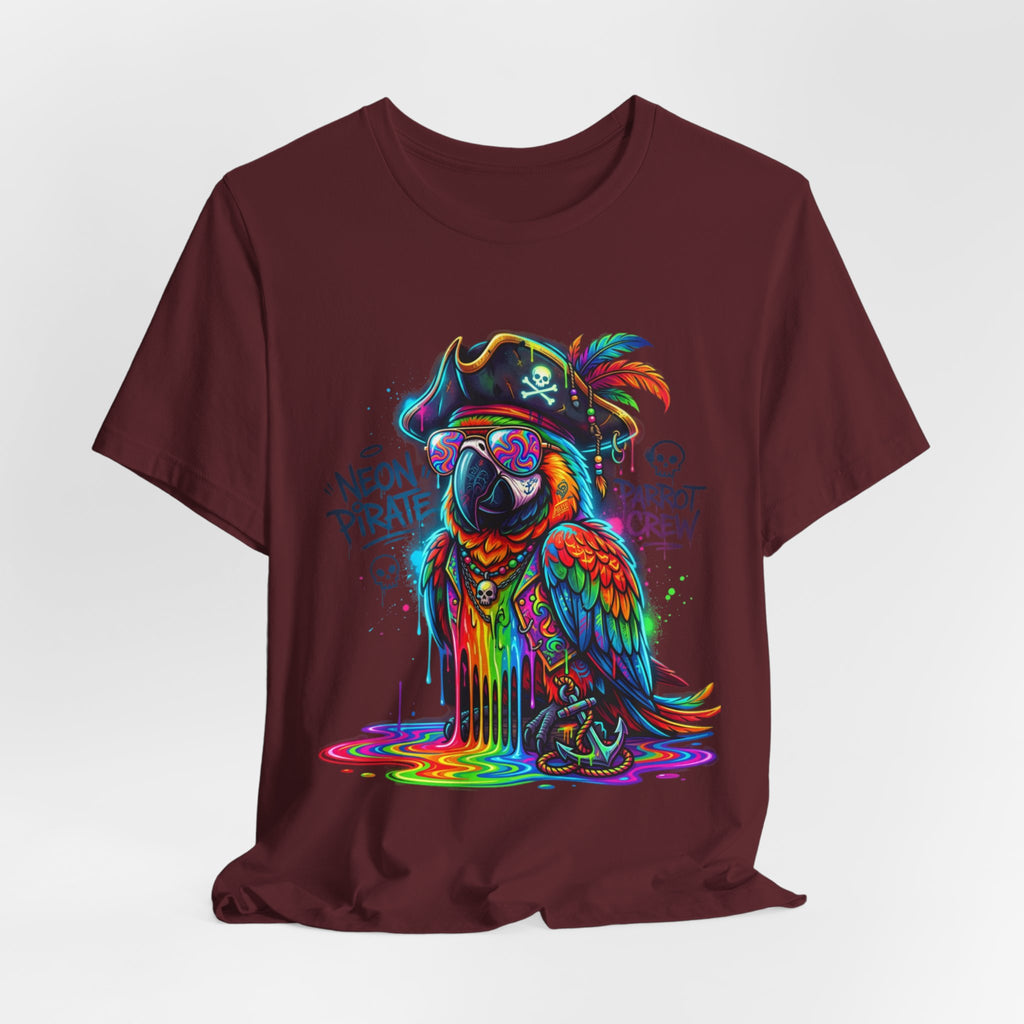 Neon Pirate Parrot Tee — Colorful Skull & 'Parrot Crew' Graphic T-Shirt