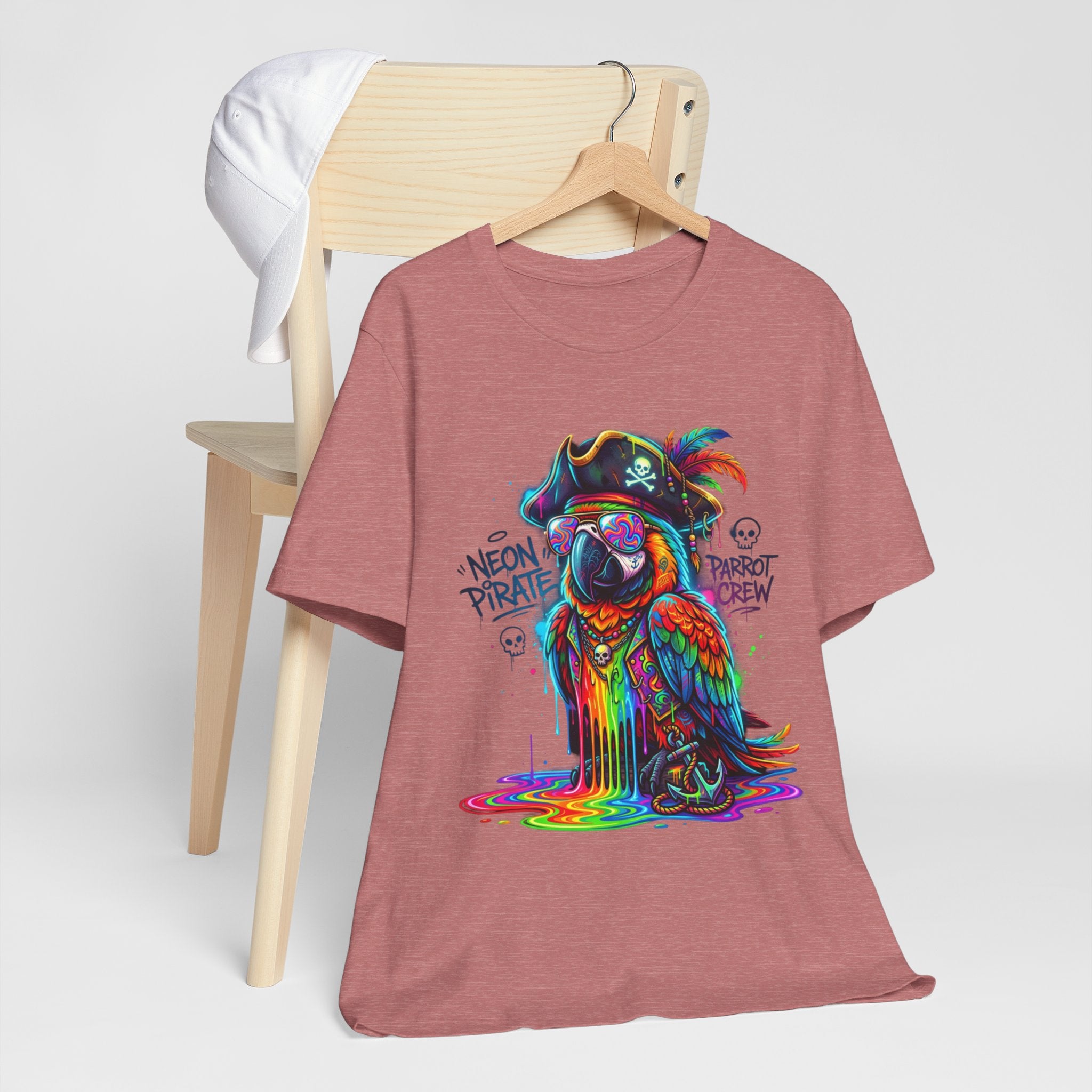 Neon Pirate Parrot Tee — Colorful Skull & 'Parrot Crew' Graphic T-Shirt