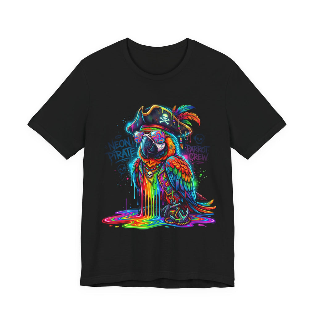 Neon Pirate Parrot Tee — Colorful Skull & 'Parrot Crew' Graphic T-Shirt