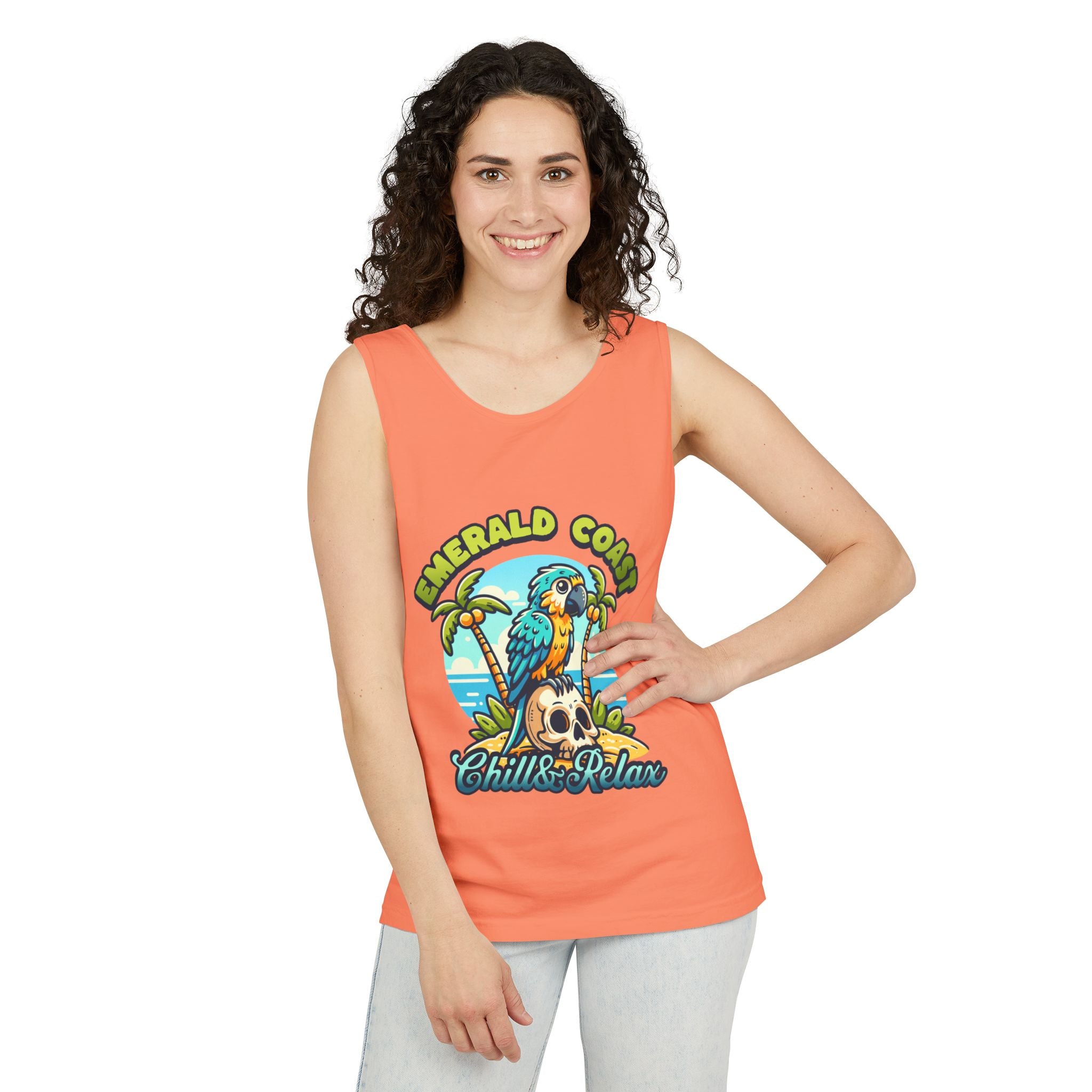 Emerald Coast Parrot Tank Top — "Chill & Relax" Beach Graphic