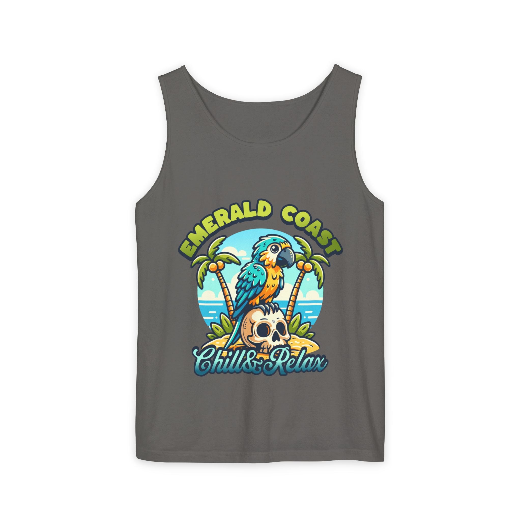 Emerald Coast Parrot Tank Top — "Chill & Relax" Beach Graphic