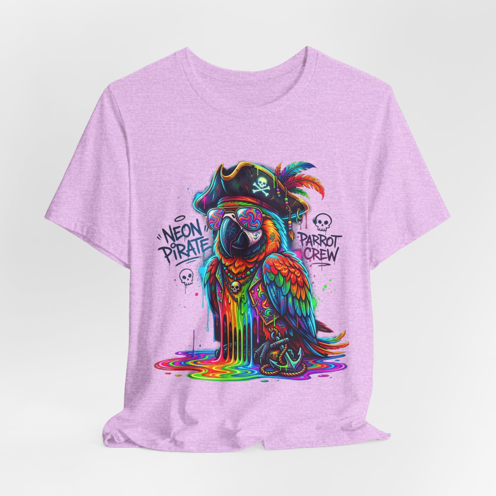 Neon Pirate Parrot Tee — Colorful Skull & 'Parrot Crew' Graphic T-Shirt