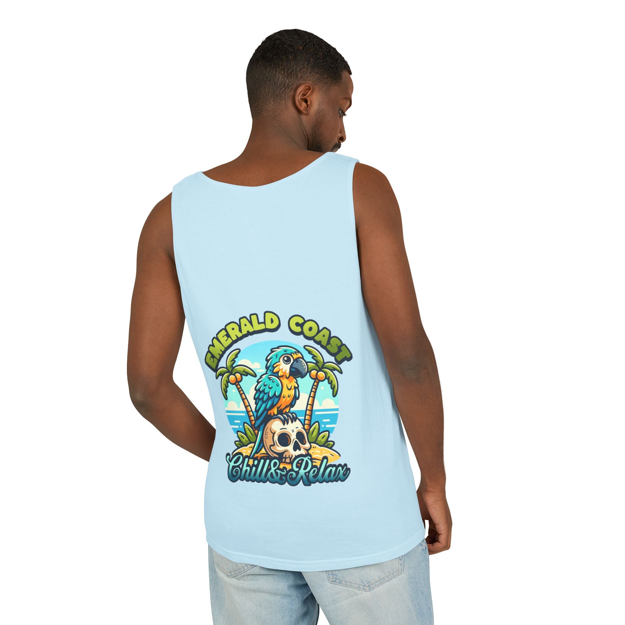 Emerald Coast Parrot Tank Top — "Chill & Relax" Beach Graphic
