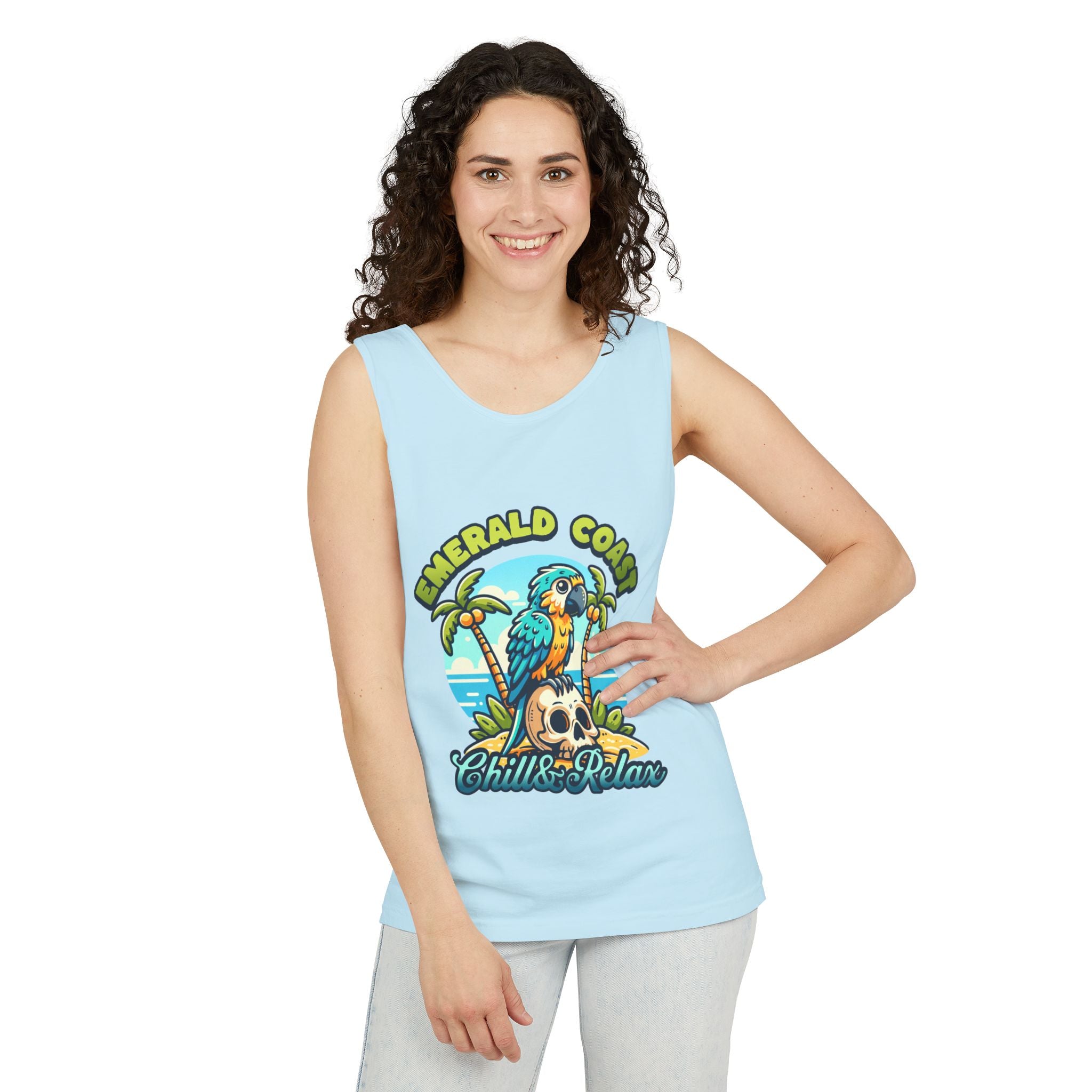 Emerald Coast Parrot Tank Top — "Chill & Relax" Beach Graphic