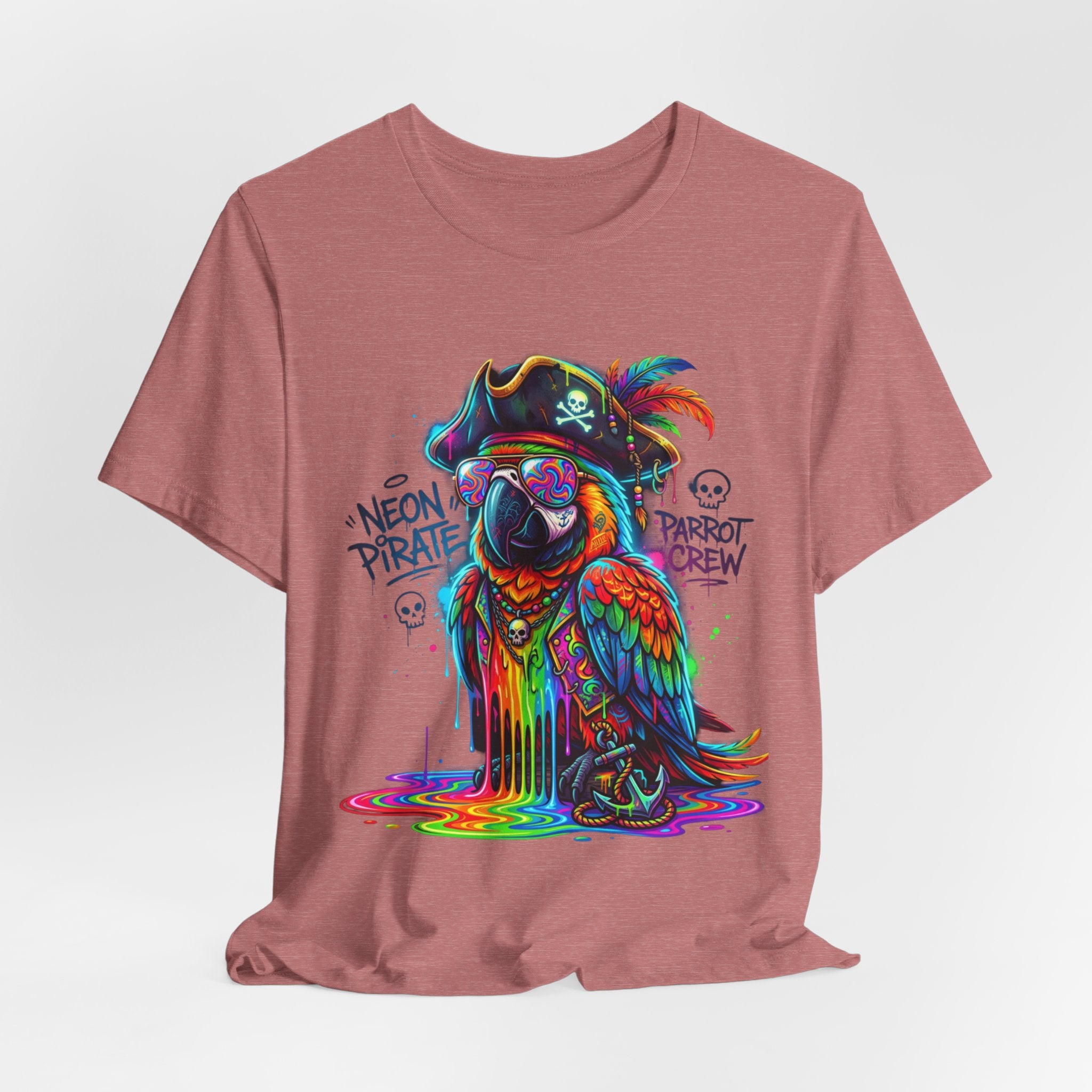 Neon Pirate Parrot Tee — Colorful Skull & 'Parrot Crew' Graphic T-Shirt