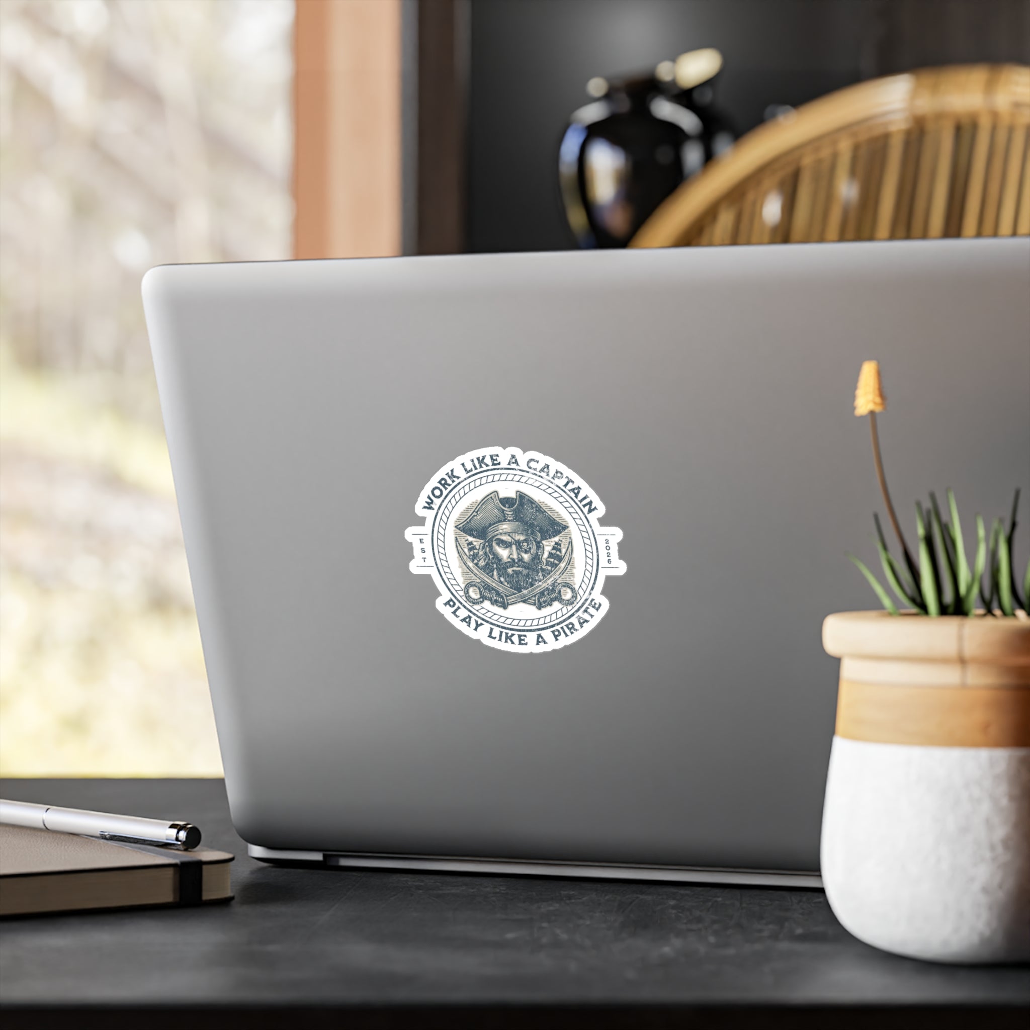 Kiss-Cut Sticker — "Work Like a Captain, Play Like a Pirate" Vintage Pirate Decal