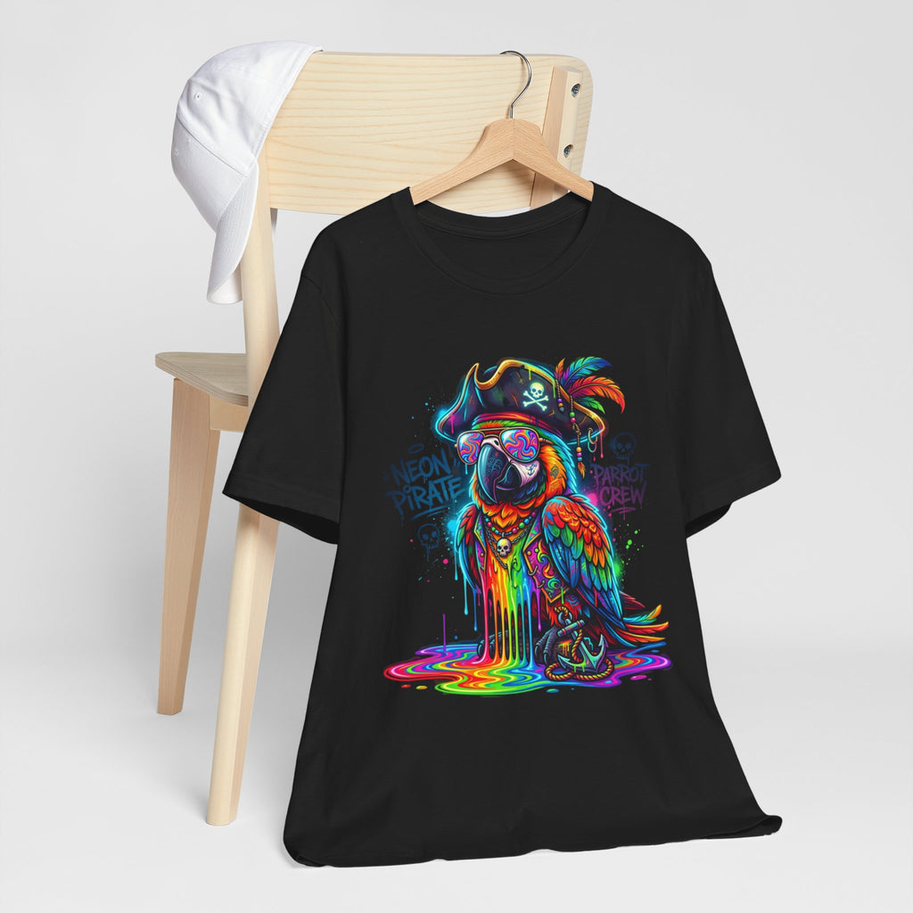 Neon Pirate Parrot Tee — Colorful Skull & 'Parrot Crew' Graphic T-Shirt