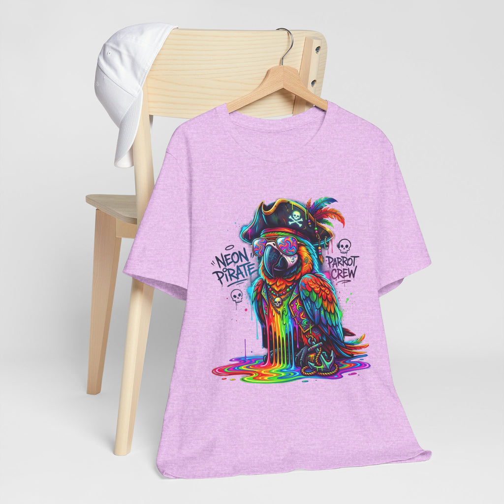 Neon Pirate Parrot Tee — Colorful Skull & 'Parrot Crew' Graphic T-Shirt