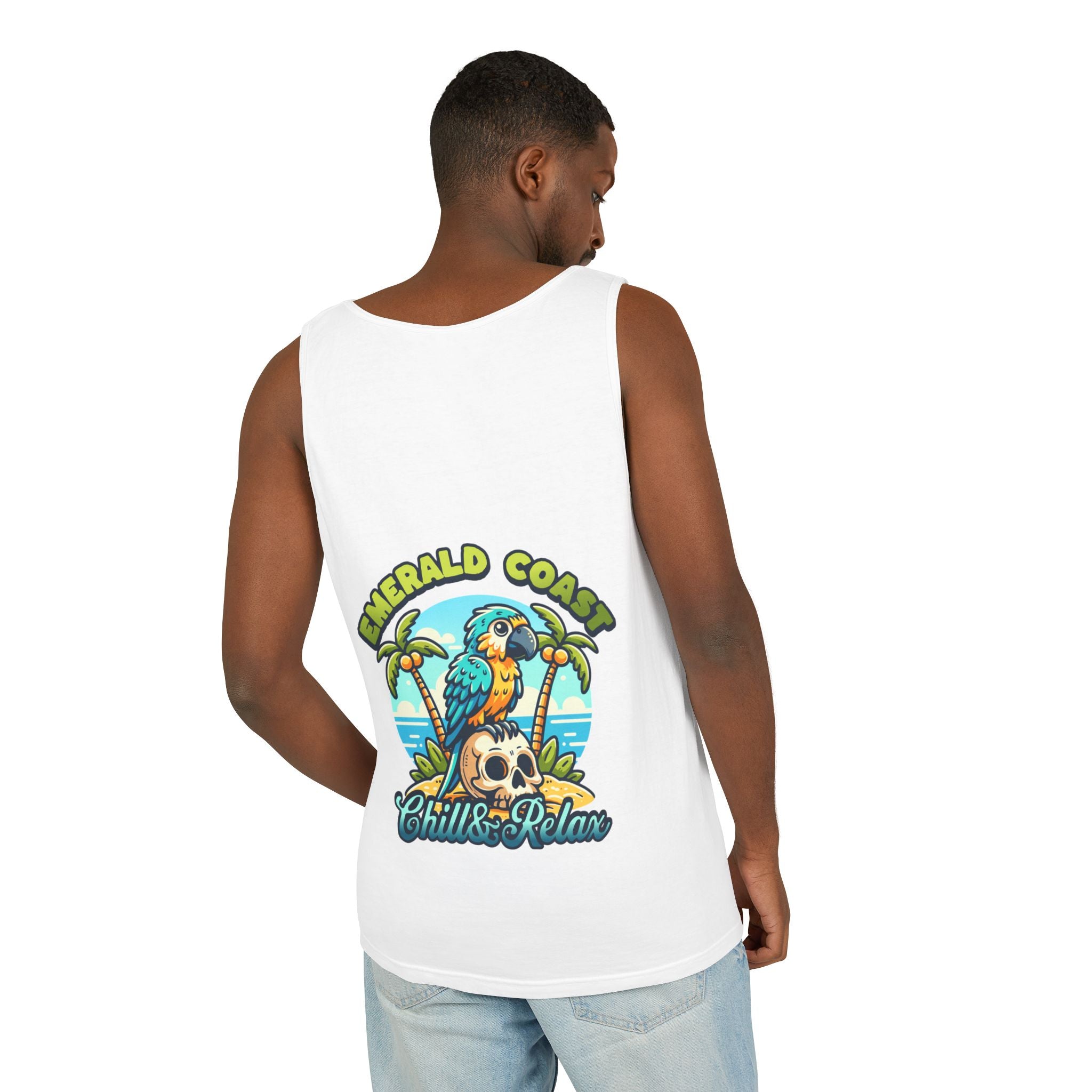 Emerald Coast Parrot Tank Top — "Chill & Relax" Beach Graphic
