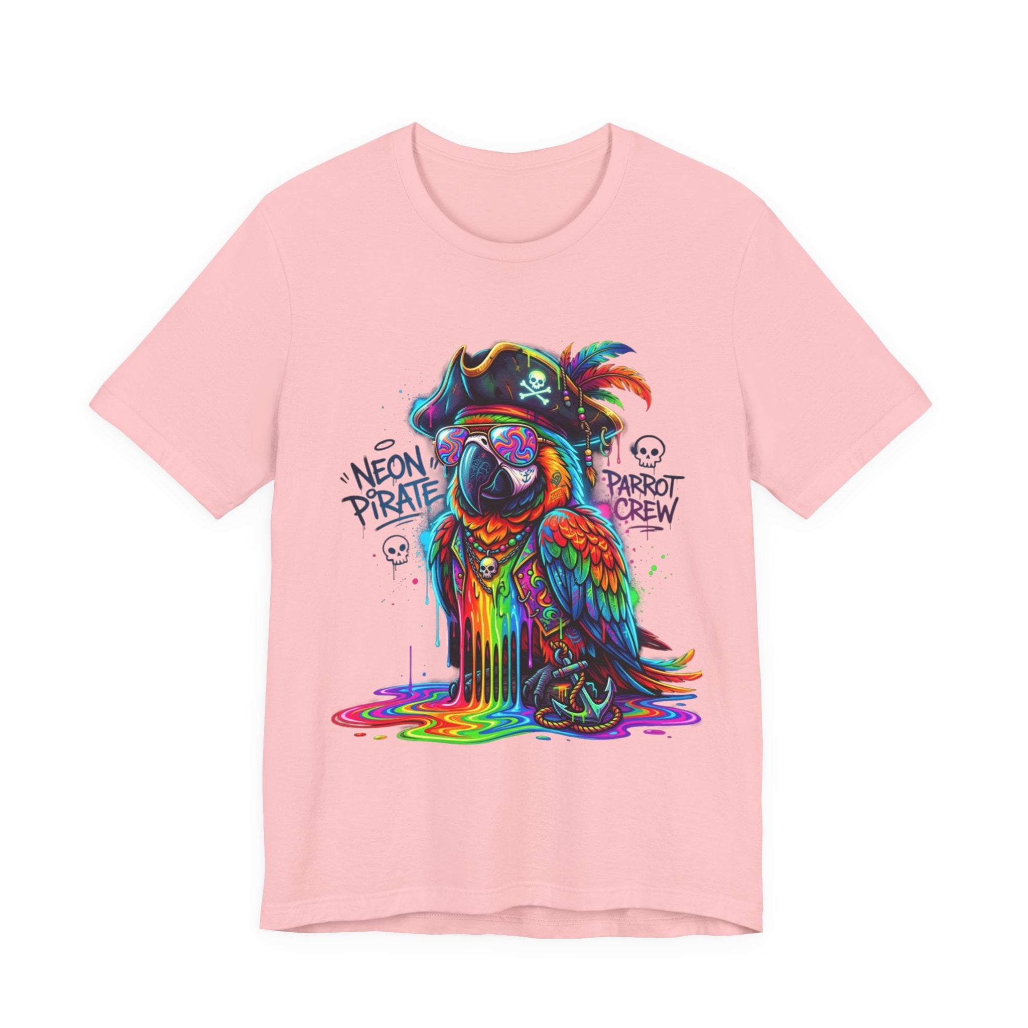 Neon Pirate Parrot Tee — Colorful Skull & 'Parrot Crew' Graphic T-Shirt