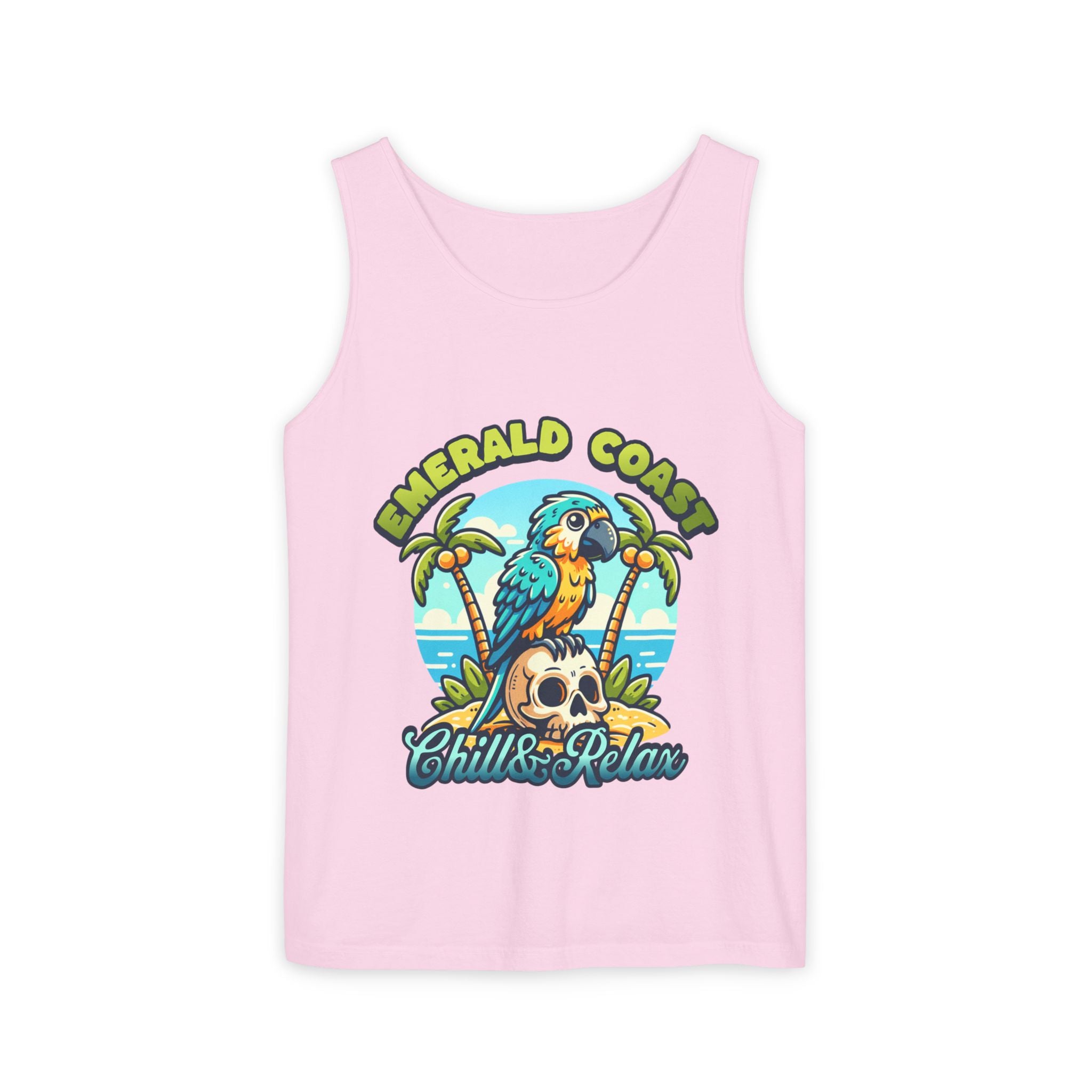 Emerald Coast Parrot Tank Top — "Chill & Relax" Beach Graphic