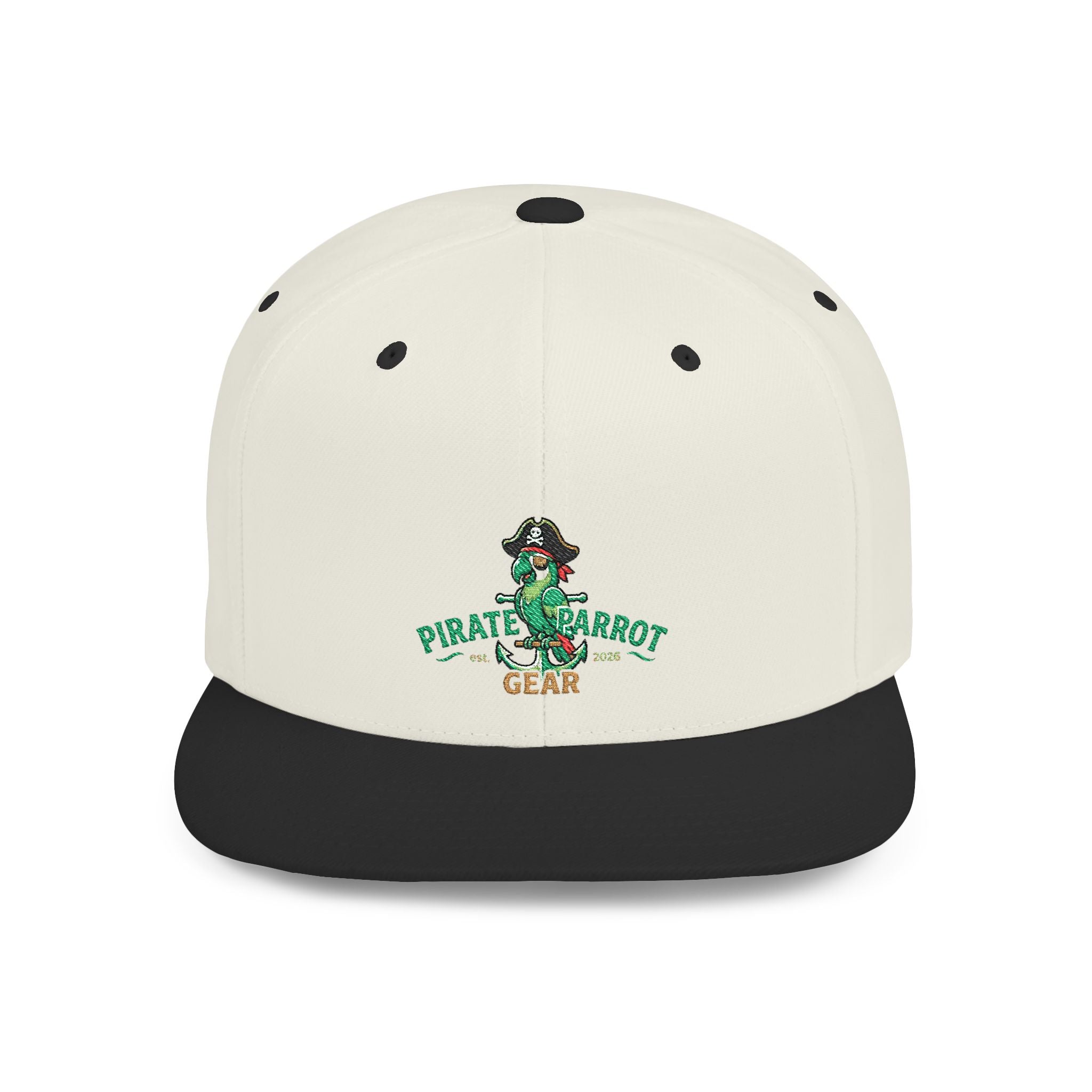 Pirate Parrot Gear Flat Bill Snapback Hat — Tropical Pirate Parrot Logo Cap