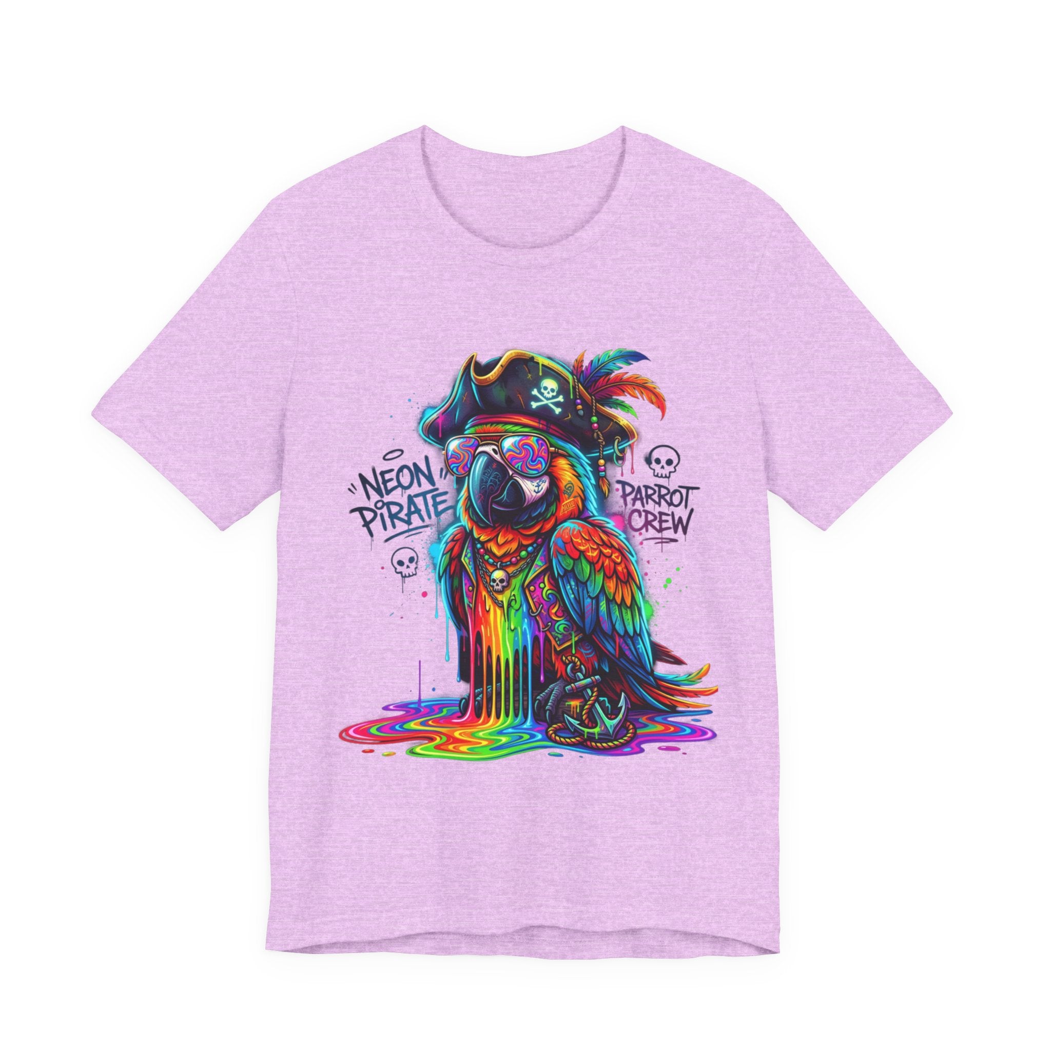 Neon Pirate Parrot Tee — Colorful Skull & 'Parrot Crew' Graphic T-Shirt