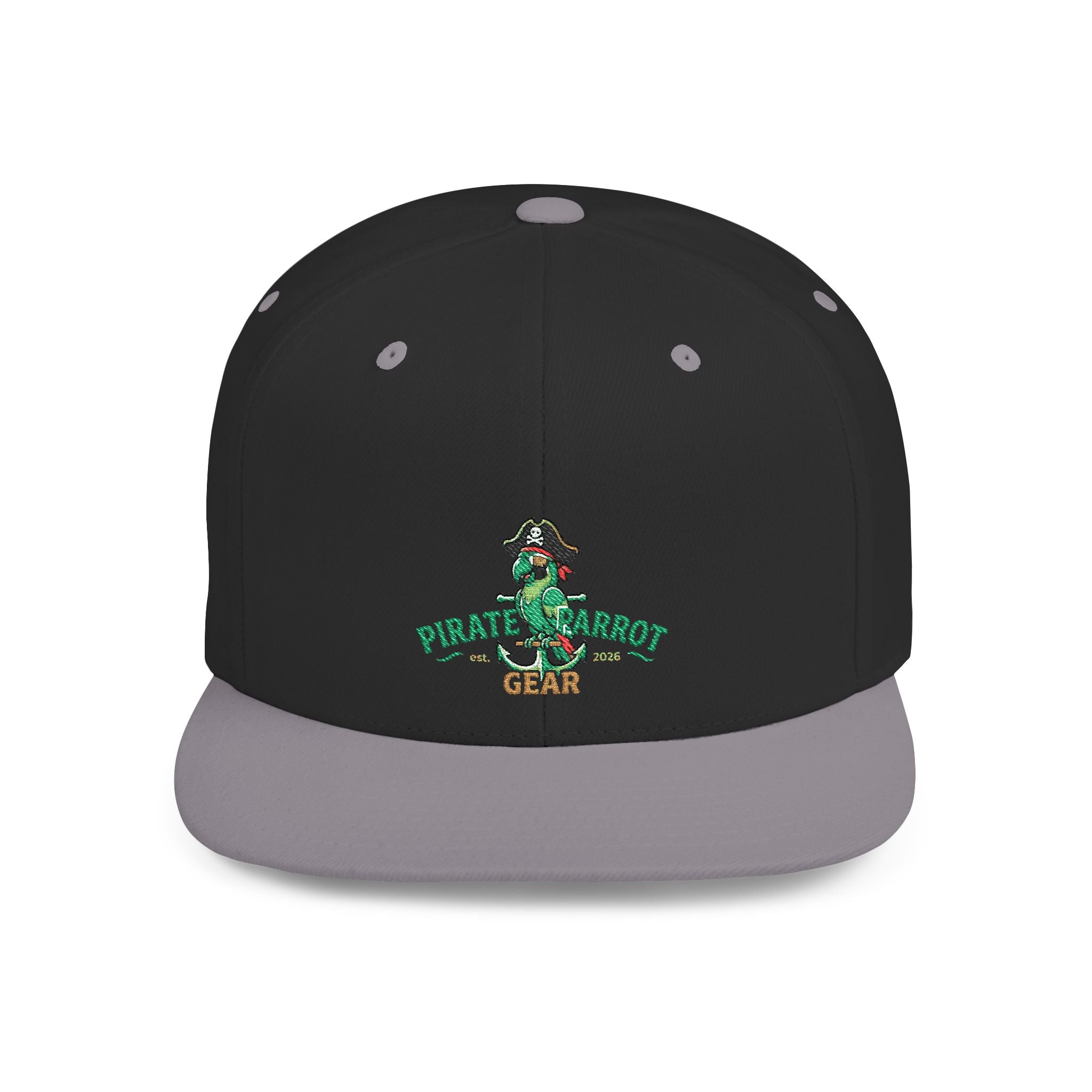 Pirate Parrot Gear Flat Bill Snapback Hat — Tropical Pirate Parrot Logo Cap
