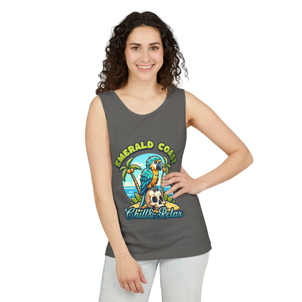 Emerald Coast Parrot Tank Top — "Chill & Relax" Beach Graphic