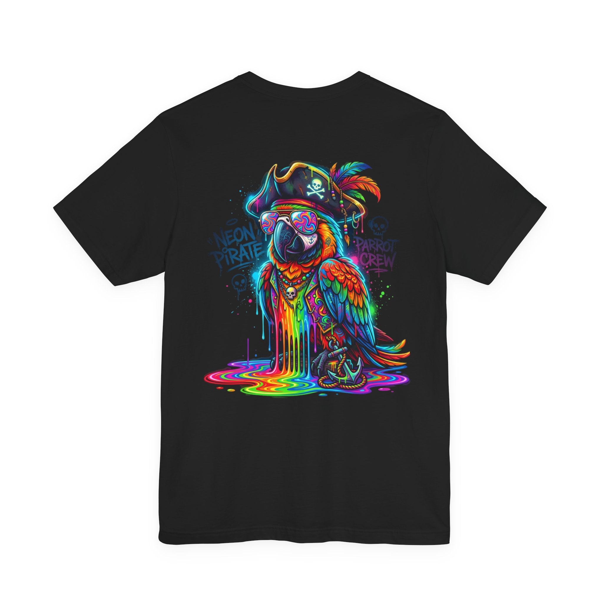 Neon Pirate Parrot Tee — Colorful Skull & 'Parrot Crew' Graphic T-Shirt