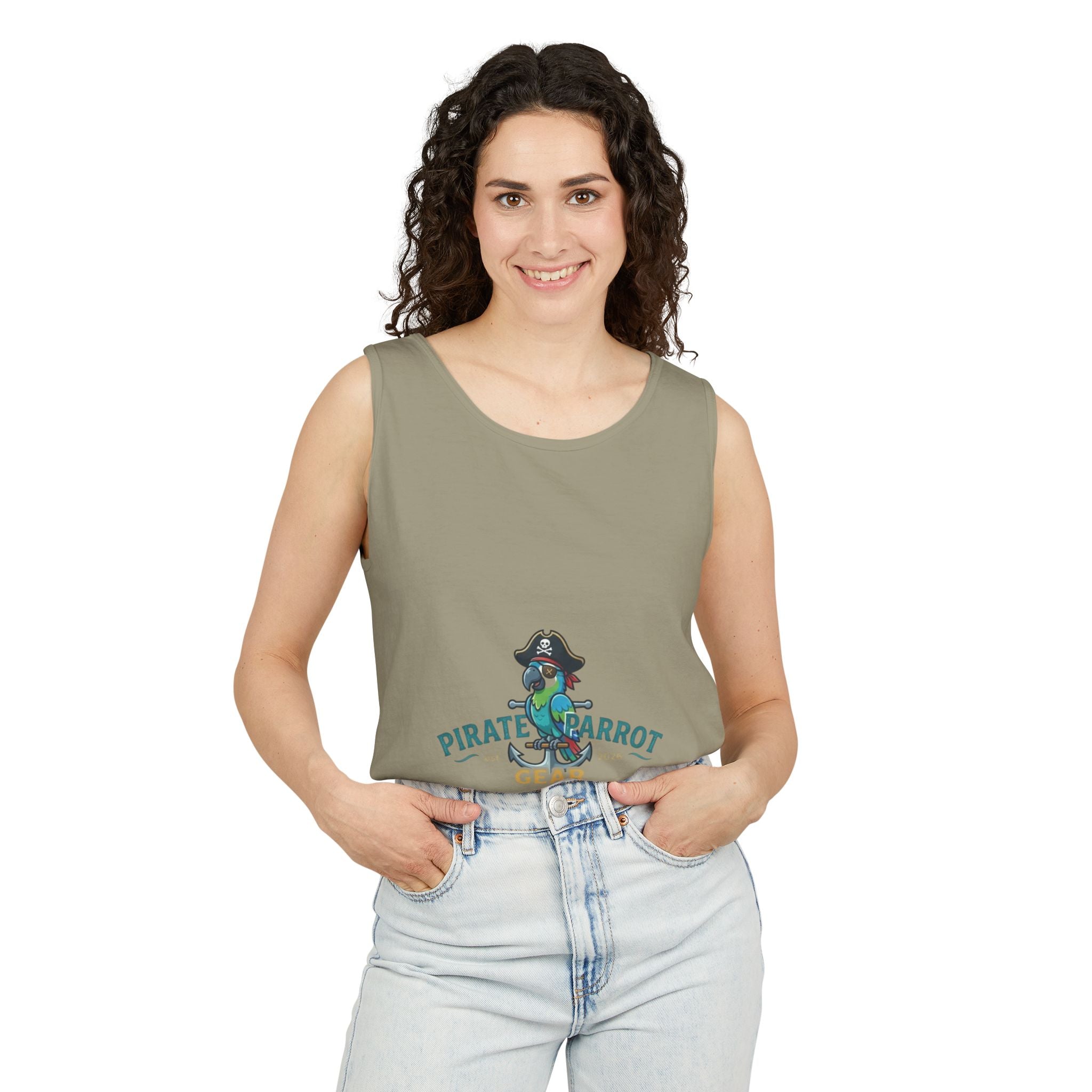 Pirate Parrot Tank Top — "Work Like a Captain, Play Like a Pirate" Graphic