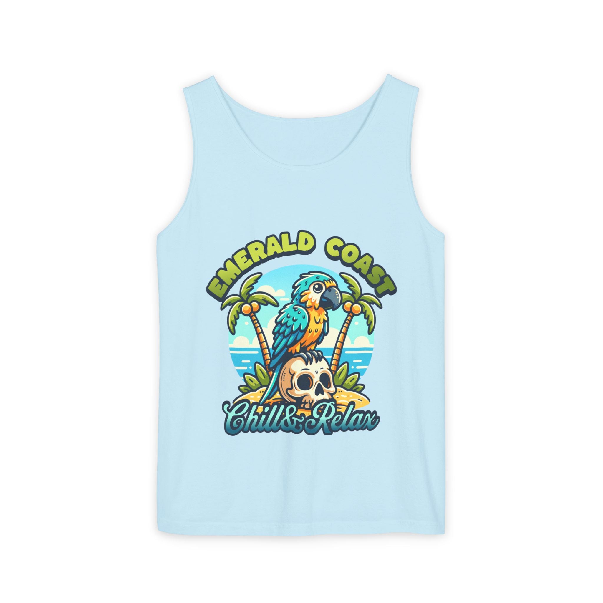 Emerald Coast Parrot Tank Top — "Chill & Relax" Beach Graphic