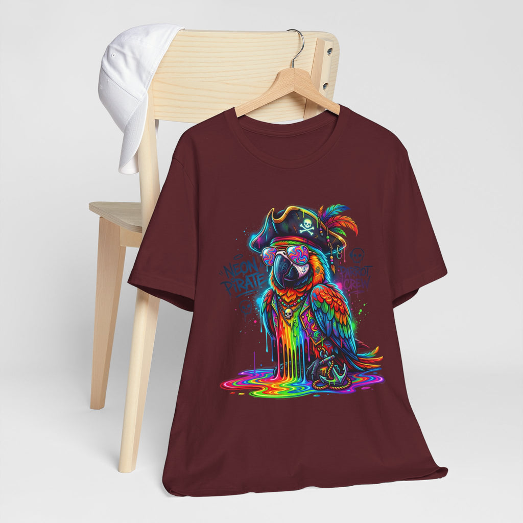 Neon Pirate Parrot Tee — Colorful Skull & 'Parrot Crew' Graphic T-Shirt