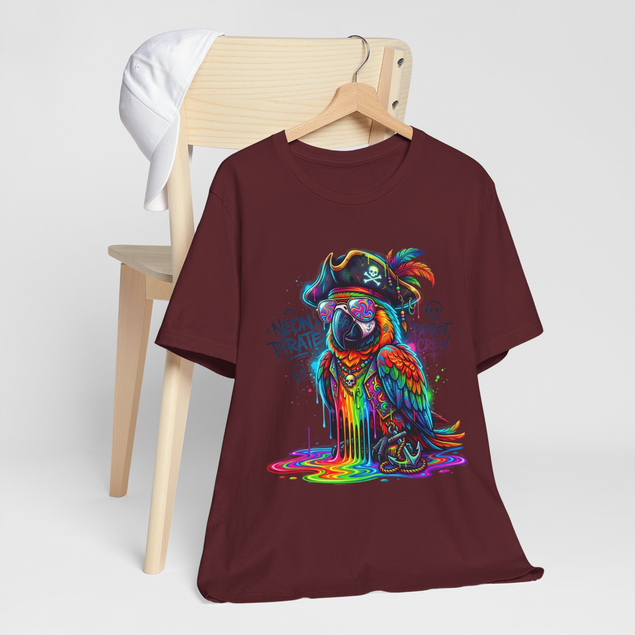 Neon Pirate Parrot Tee — Colorful Skull & 'Parrot Crew' Graphic T-Shirt