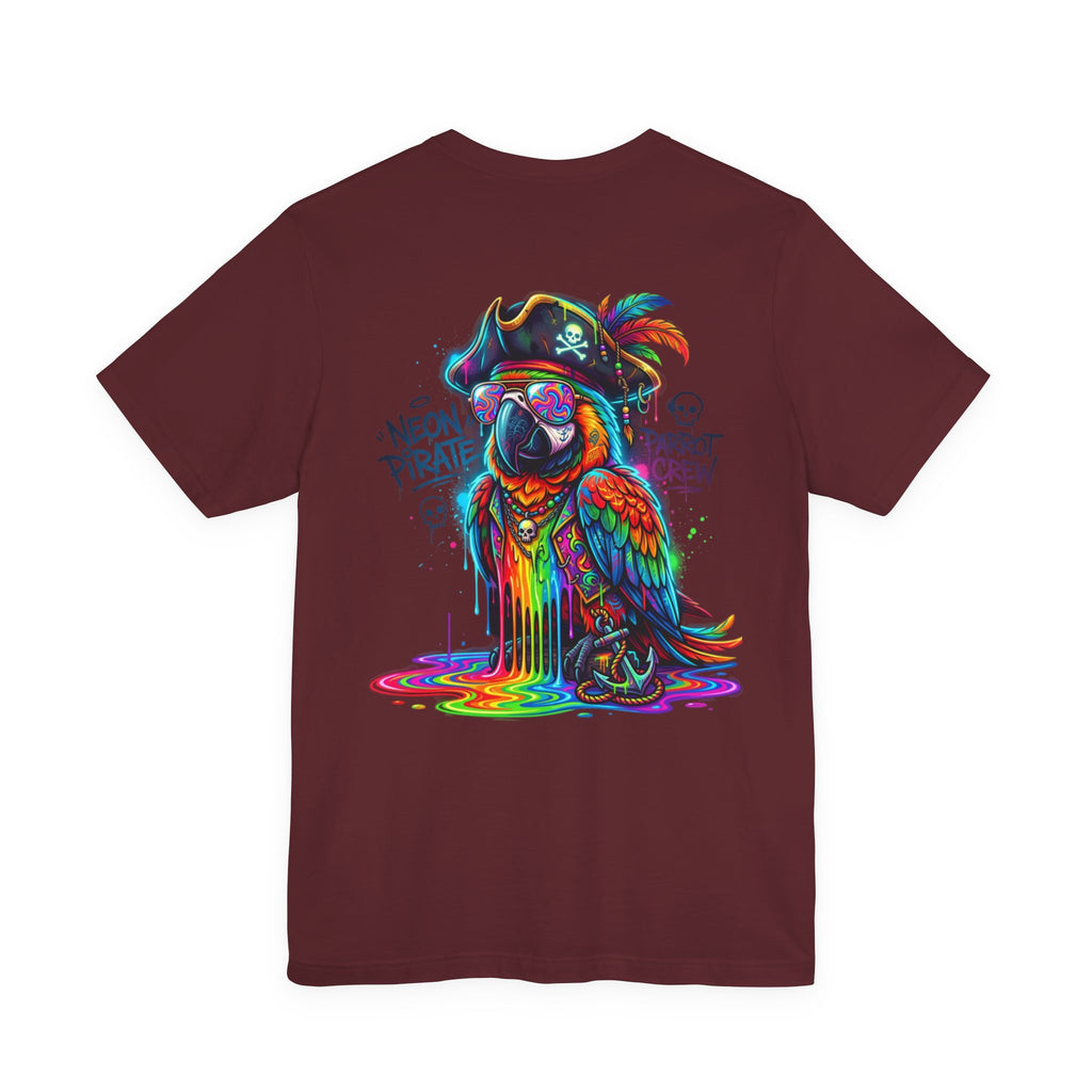 Neon Pirate Parrot Tee — Colorful Skull & 'Parrot Crew' Graphic T-Shirt