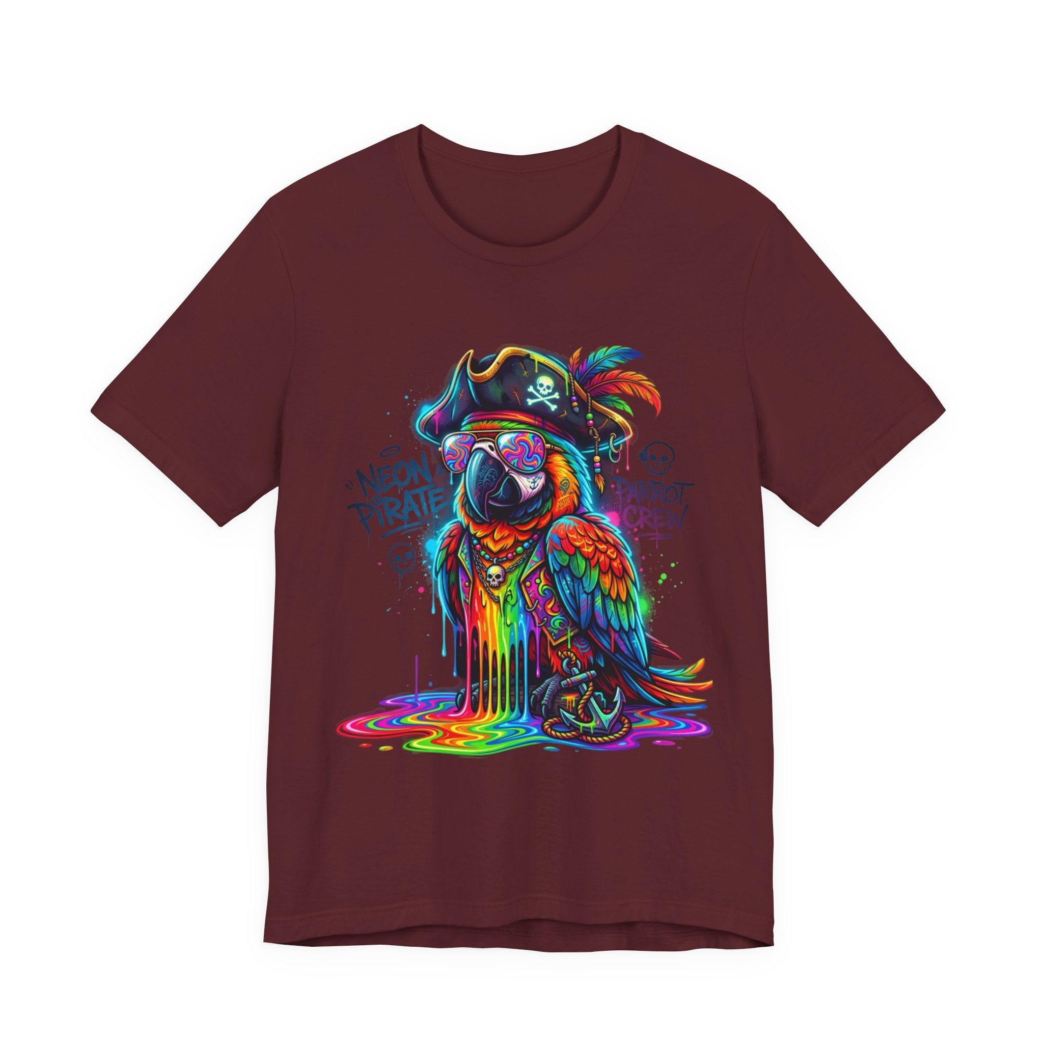 Neon Pirate Parrot Tee — Colorful Skull & 'Parrot Crew' Graphic T-Shirt