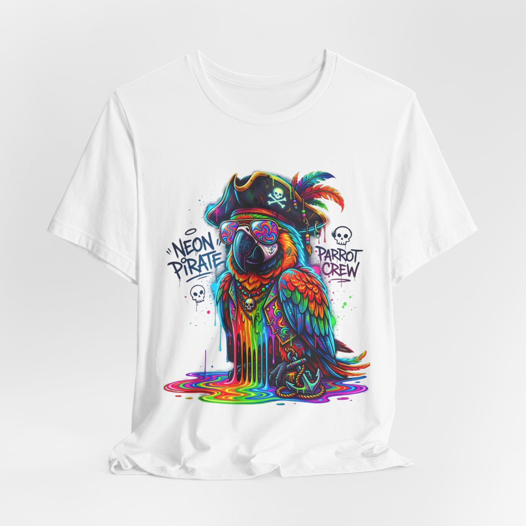 Neon Pirate Parrot Tee — Colorful Skull & 'Parrot Crew' Graphic T-Shirt