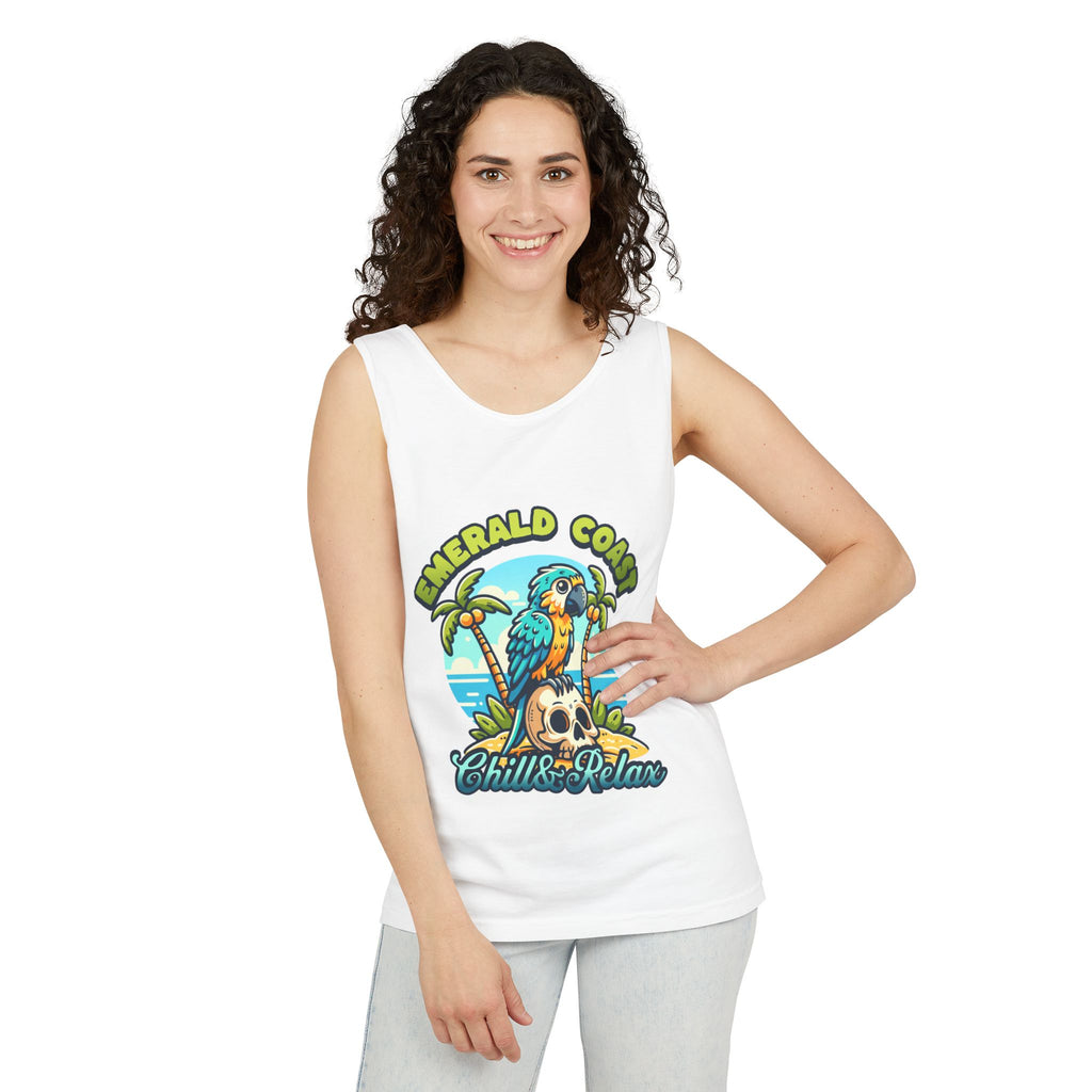 Emerald Coast Parrot Tank Top — "Chill & Relax" Beach Graphic