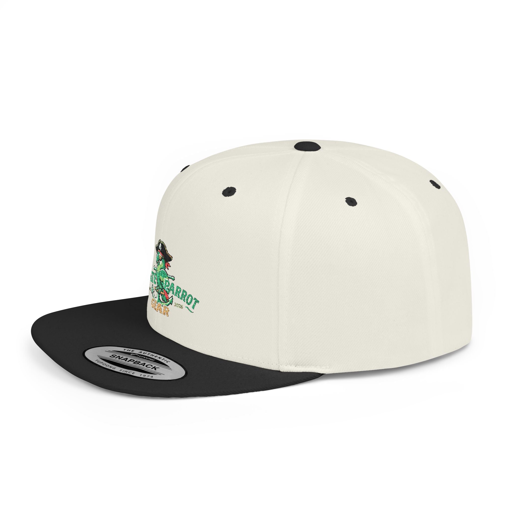 Pirate Parrot Gear Flat Bill Snapback Hat — Tropical Pirate Parrot Logo Cap