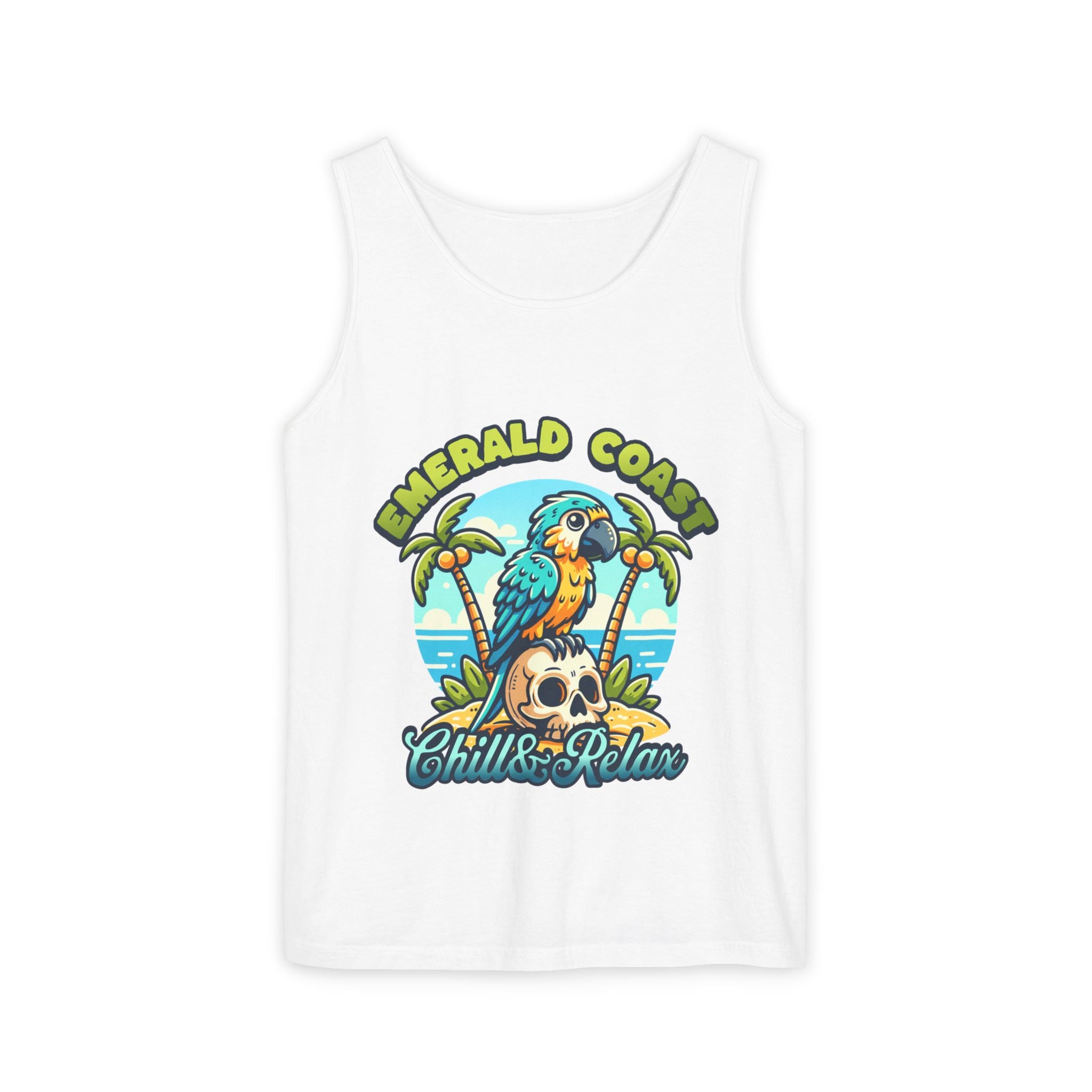 Emerald Coast Parrot Tank Top — "Chill & Relax" Beach Graphic