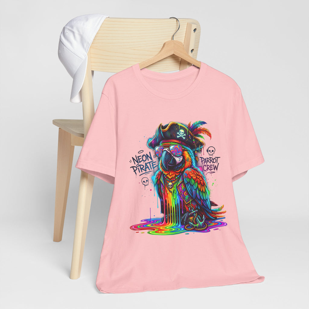 Neon Pirate Parrot Tee — Colorful Skull & 'Parrot Crew' Graphic T-Shirt
