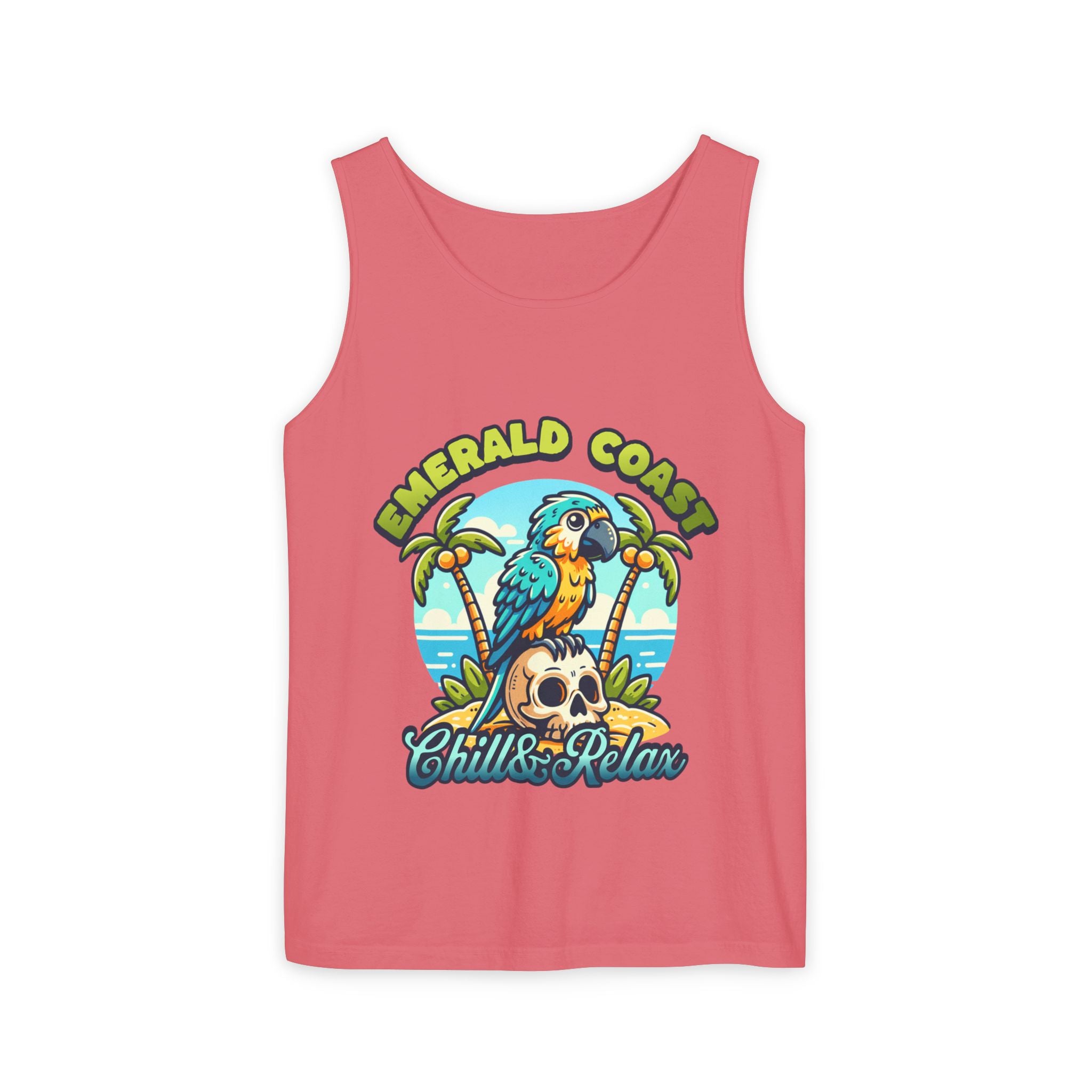 Emerald Coast Parrot Tank Top — "Chill & Relax" Beach Graphic