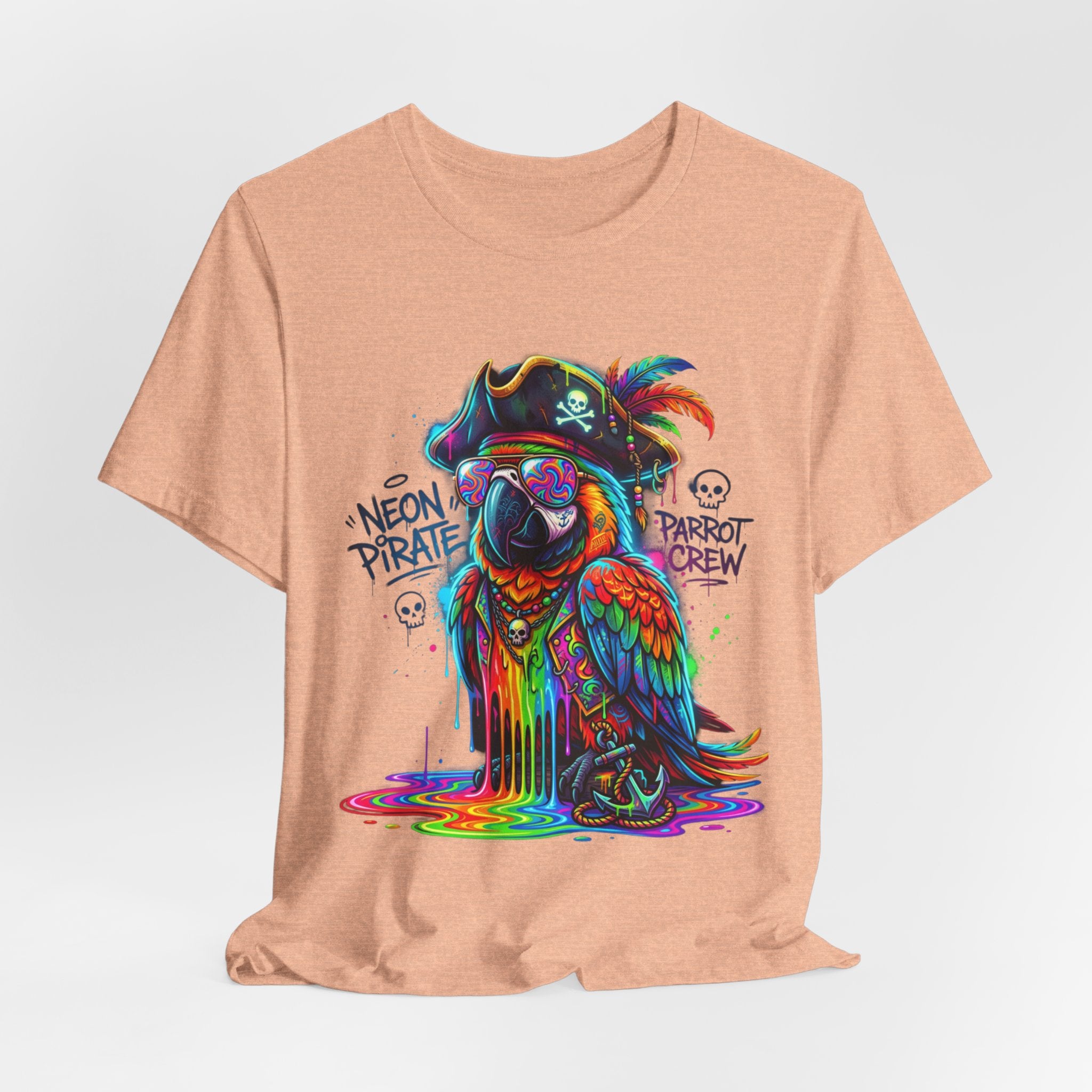Neon Pirate Parrot Tee — Colorful Skull & 'Parrot Crew' Graphic T-Shirt
