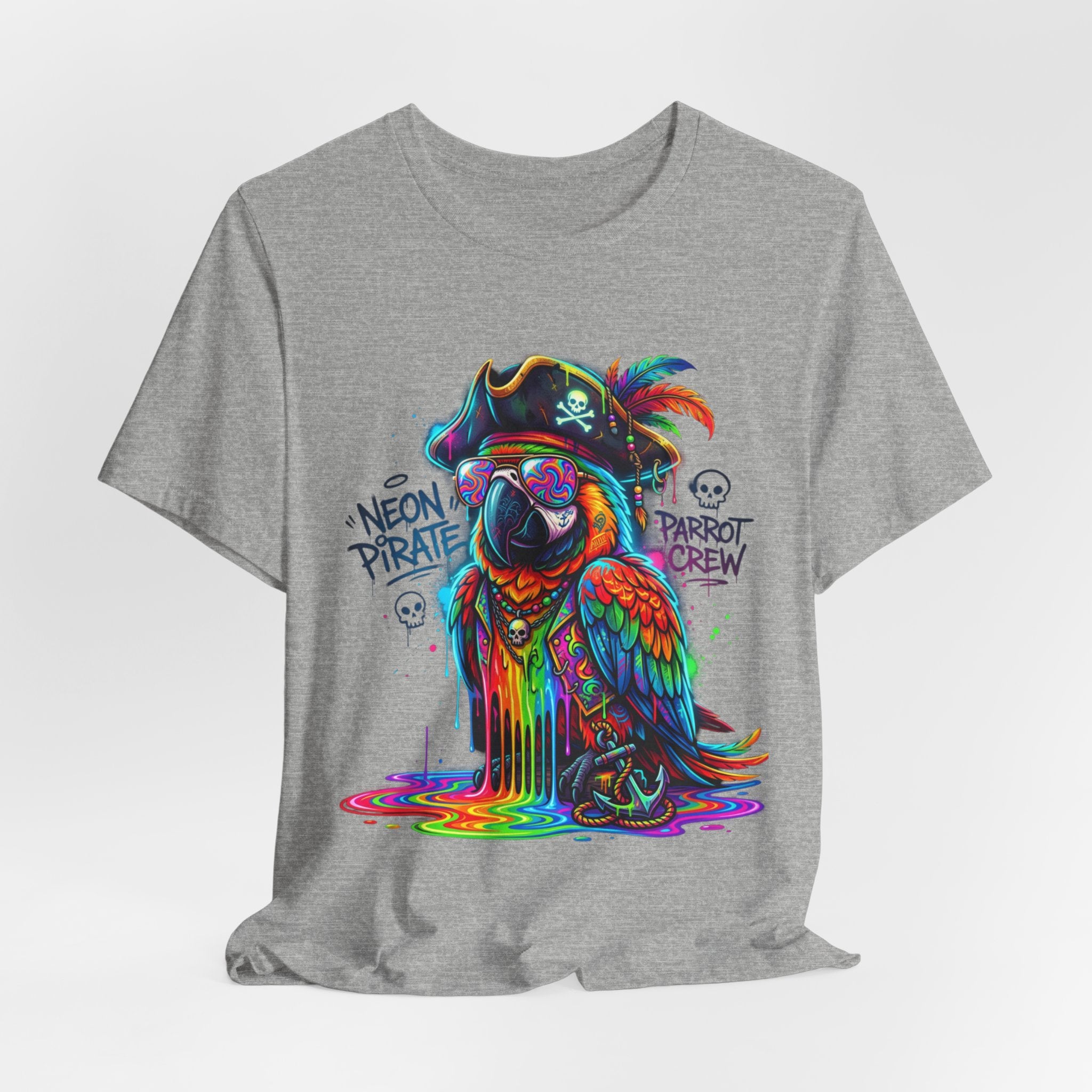 Neon Pirate Parrot Tee — Colorful Skull & 'Parrot Crew' Graphic T-Shirt