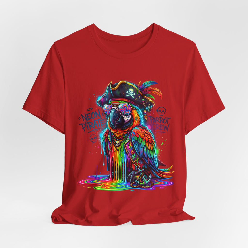 Neon Pirate Parrot Tee — Colorful Skull & 'Parrot Crew' Graphic T-Shirt