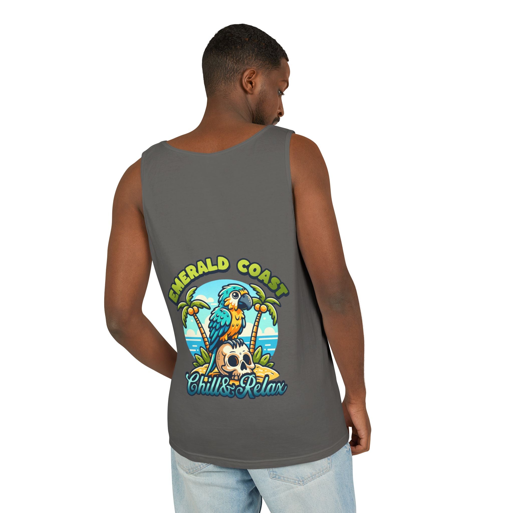 Emerald Coast Parrot Tank Top — "Chill & Relax" Beach Graphic