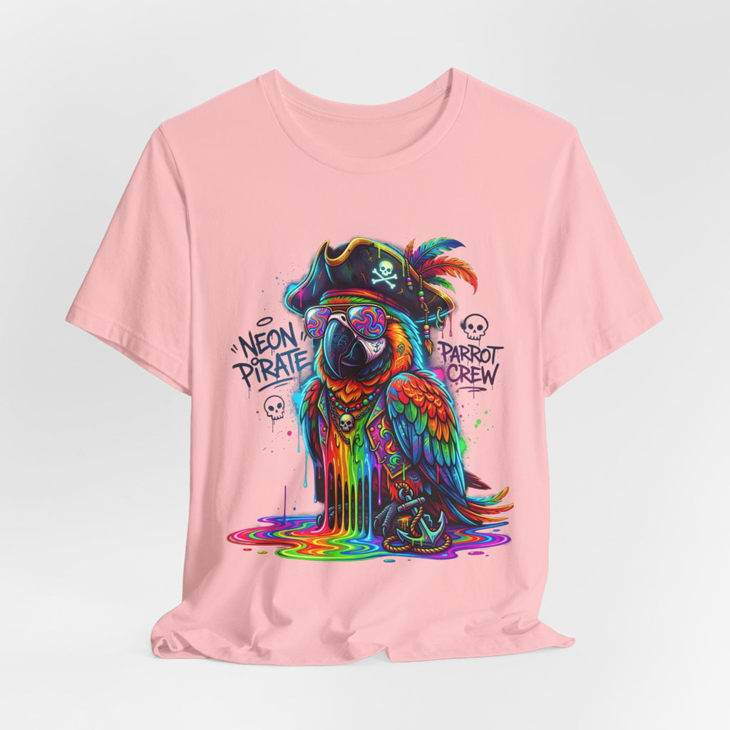 Neon Pirate Parrot Tee — Colorful Skull & 'Parrot Crew' Graphic T-Shirt