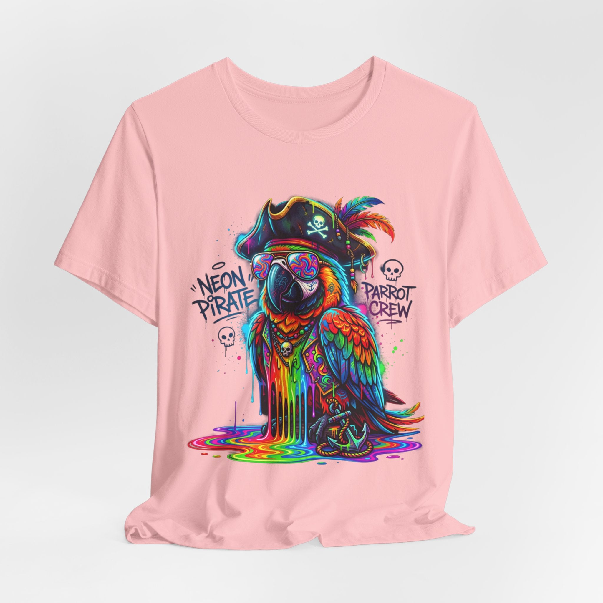 Neon Pirate Parrot Tee — Colorful Skull & 'Parrot Crew' Graphic T-Shirt