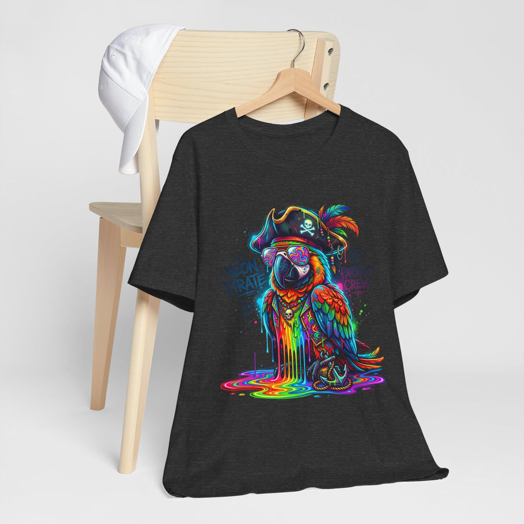 Neon Pirate Parrot Tee — Colorful Skull & 'Parrot Crew' Graphic T-Shirt
