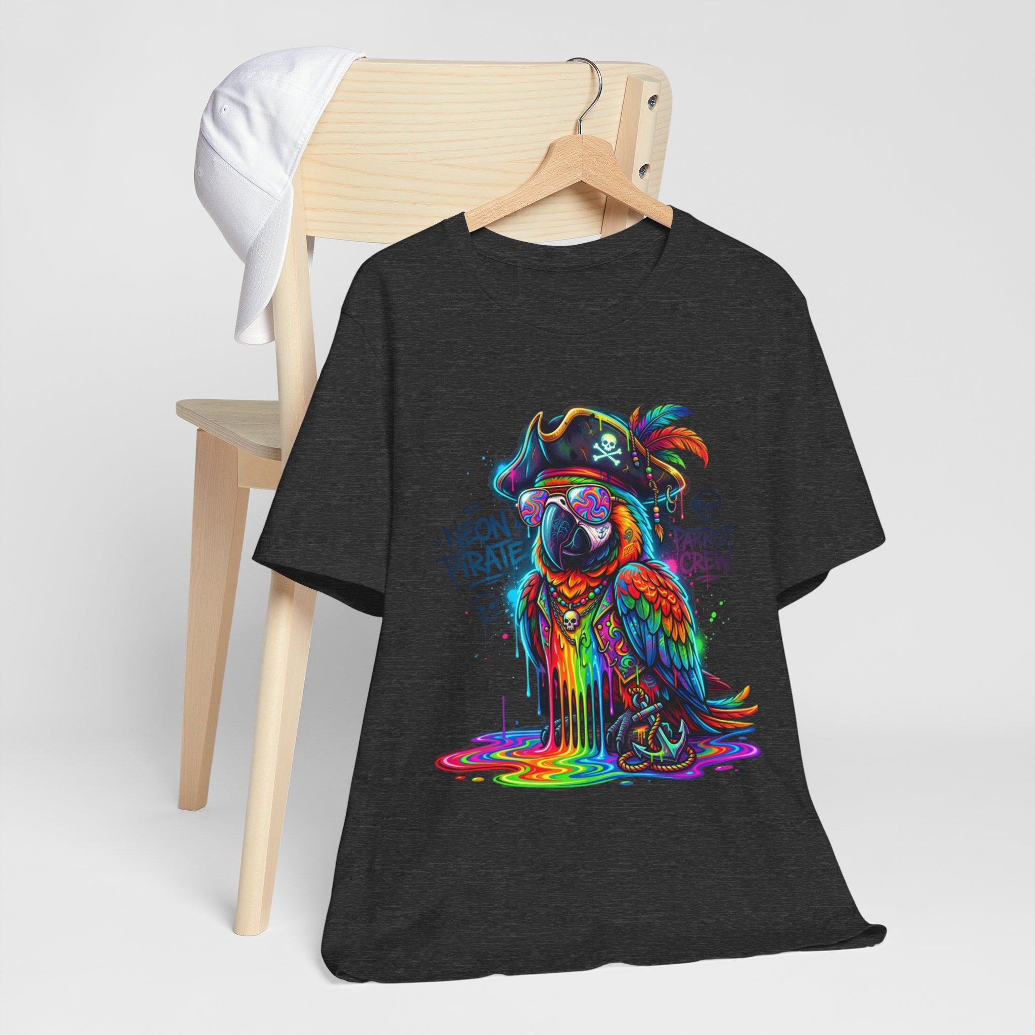 Neon Pirate Parrot Tee — Colorful Skull & 'Parrot Crew' Graphic T-Shirt
