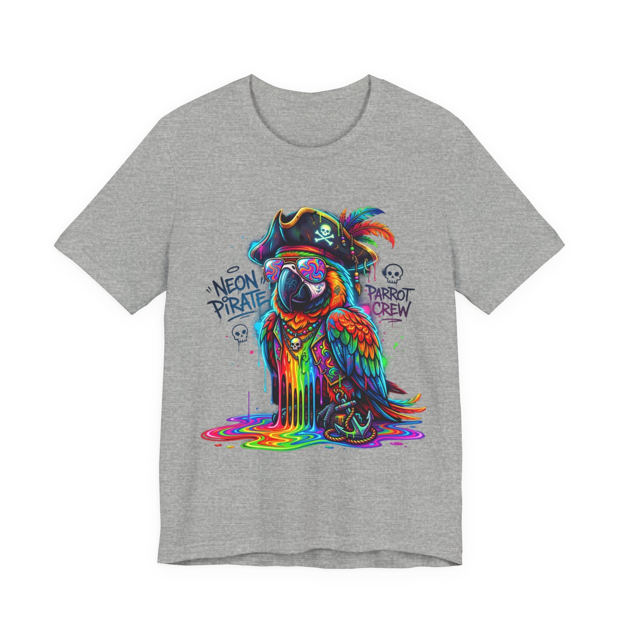 Neon Pirate Parrot Tee — Colorful Skull & 'Parrot Crew' Graphic T-Shirt