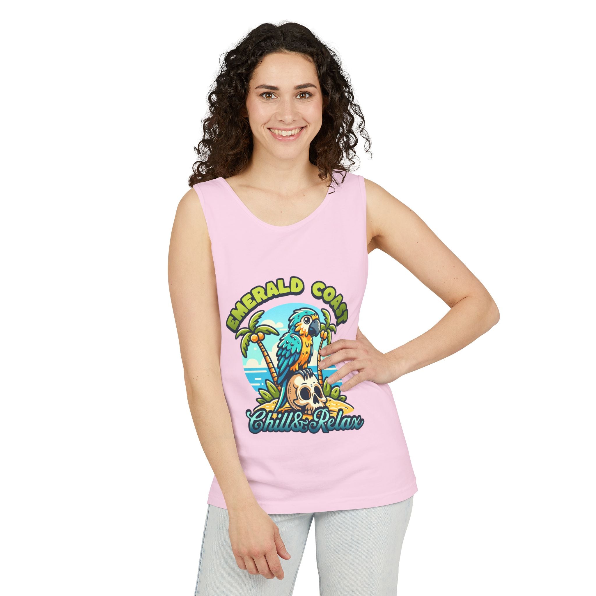 Emerald Coast Parrot Tank Top — "Chill & Relax" Beach Graphic