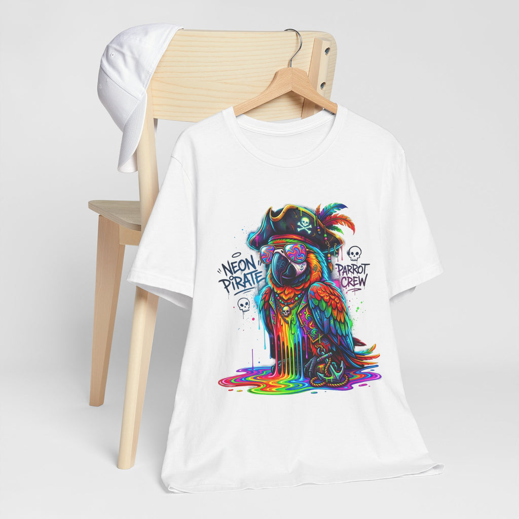 Neon Pirate Parrot Tee — Colorful Skull & 'Parrot Crew' Graphic T-Shirt